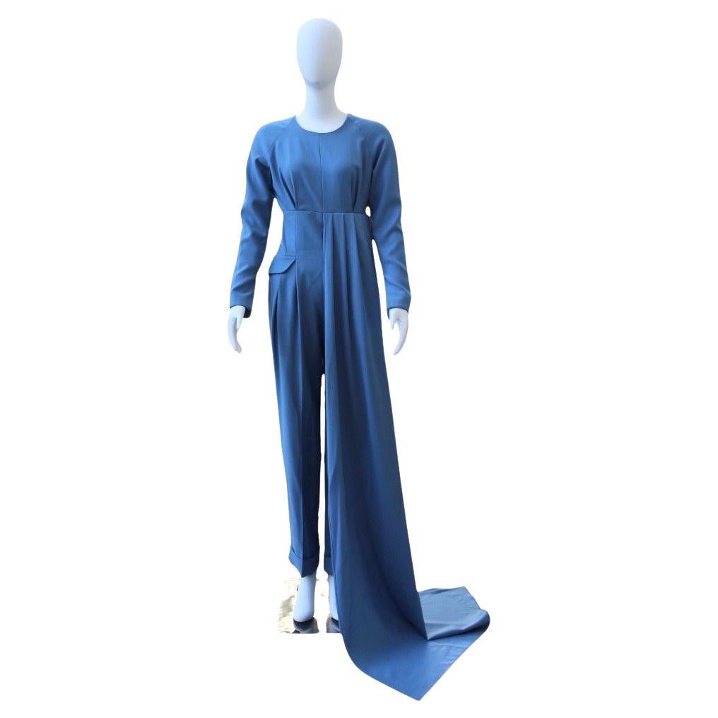 Emilia Wickstead Himmelblauer Jumpsuit mit schmalem Bein (UK 10 / US 6)

Dieser elegante Jumpsuit von Emilia Wickstead hat eine schmale Beinsilhouette mit einem skulpturalen, gerafften Drapierungsdetail, das von der linken Seite herabfällt und für