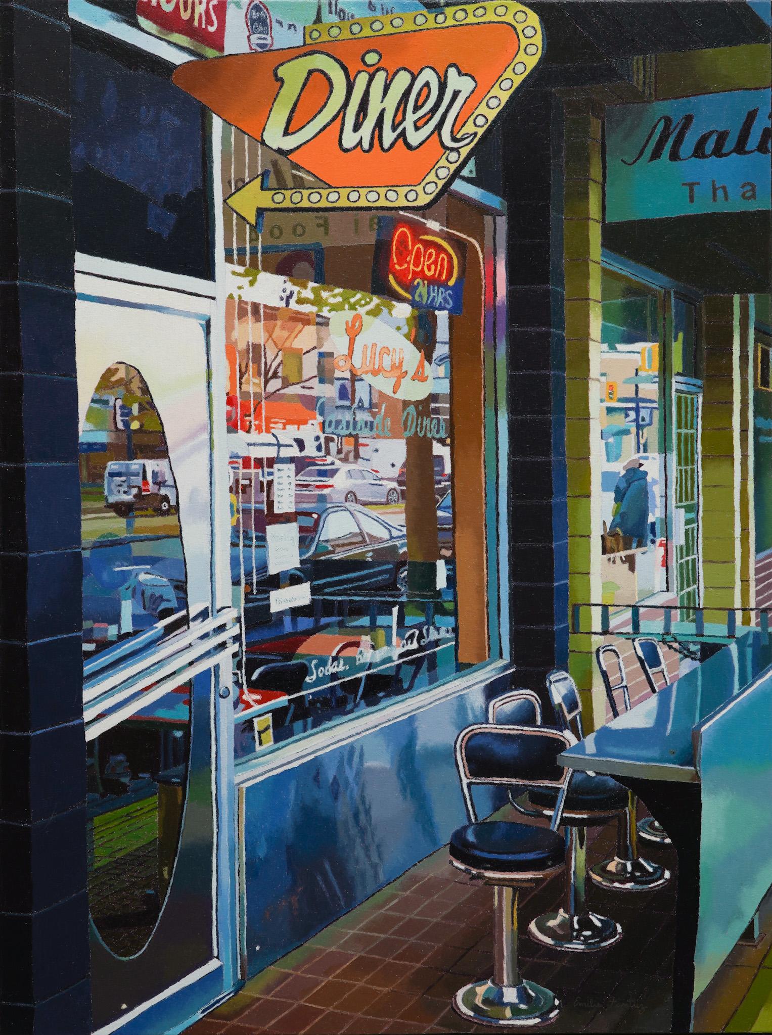 Emilie Fantuz Landscape Painting - Lucy's Diner - American realism artwork modern oil painting citypscape scene art