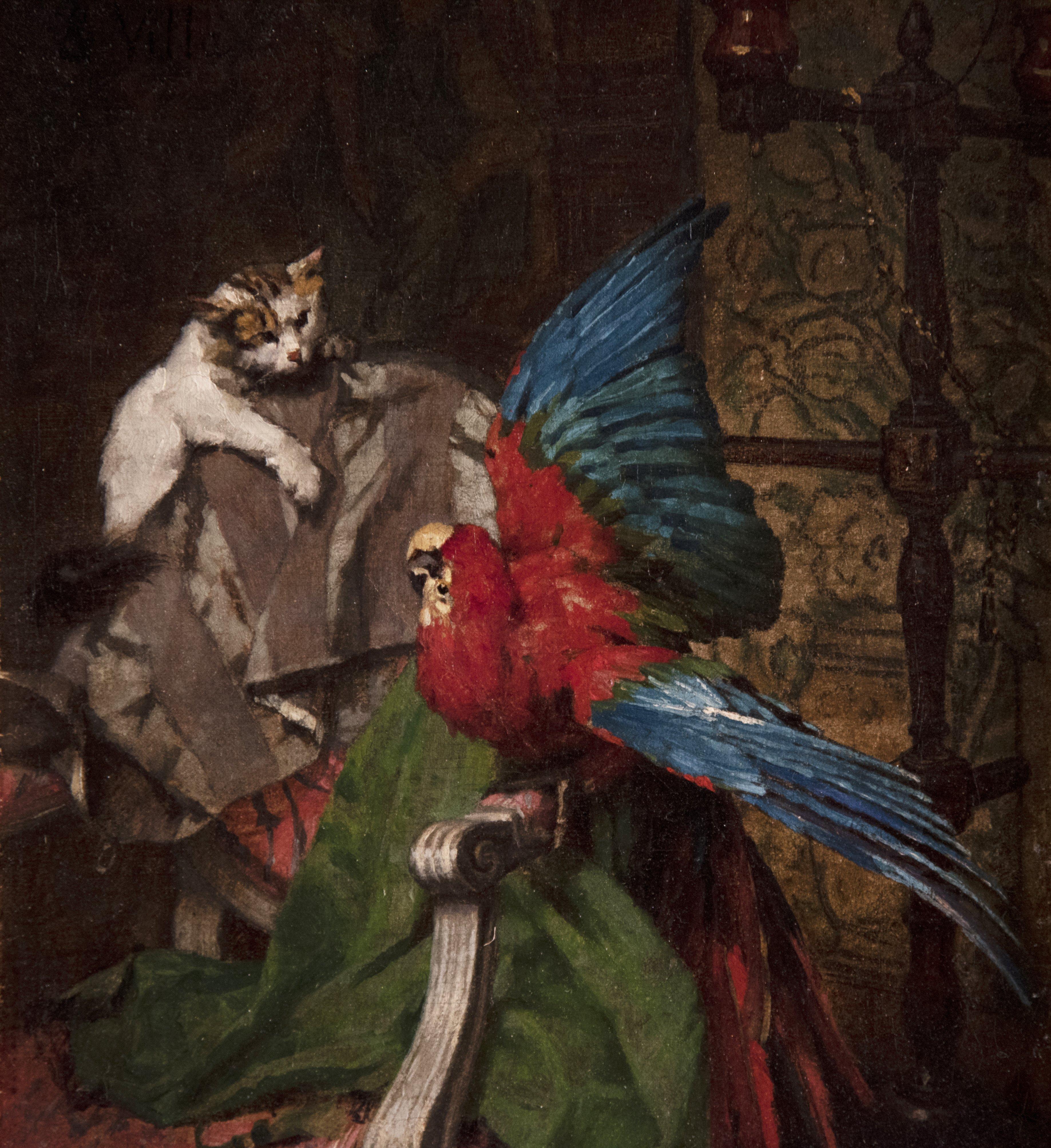 Cat with Parrot - Painting by Émile Villa