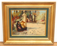 Intimate Conversations Oil Painting on Panel, Framed, Signed, 1930s