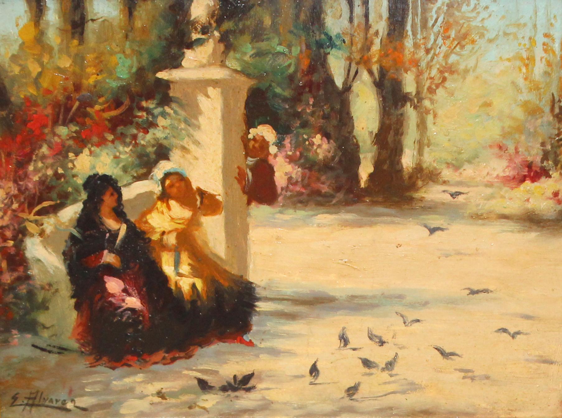 Emilio Alvarez Diaz Figurative Painting – „Intimate Conversations“ – Ölgemälde auf Holztafel, gerahmt, signiert, 1930er Jahre