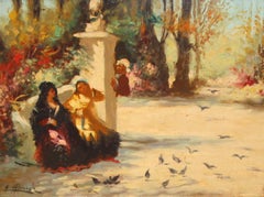 Intimate Conversations Oil Painting on Panel, Framed, Signed, 1930s