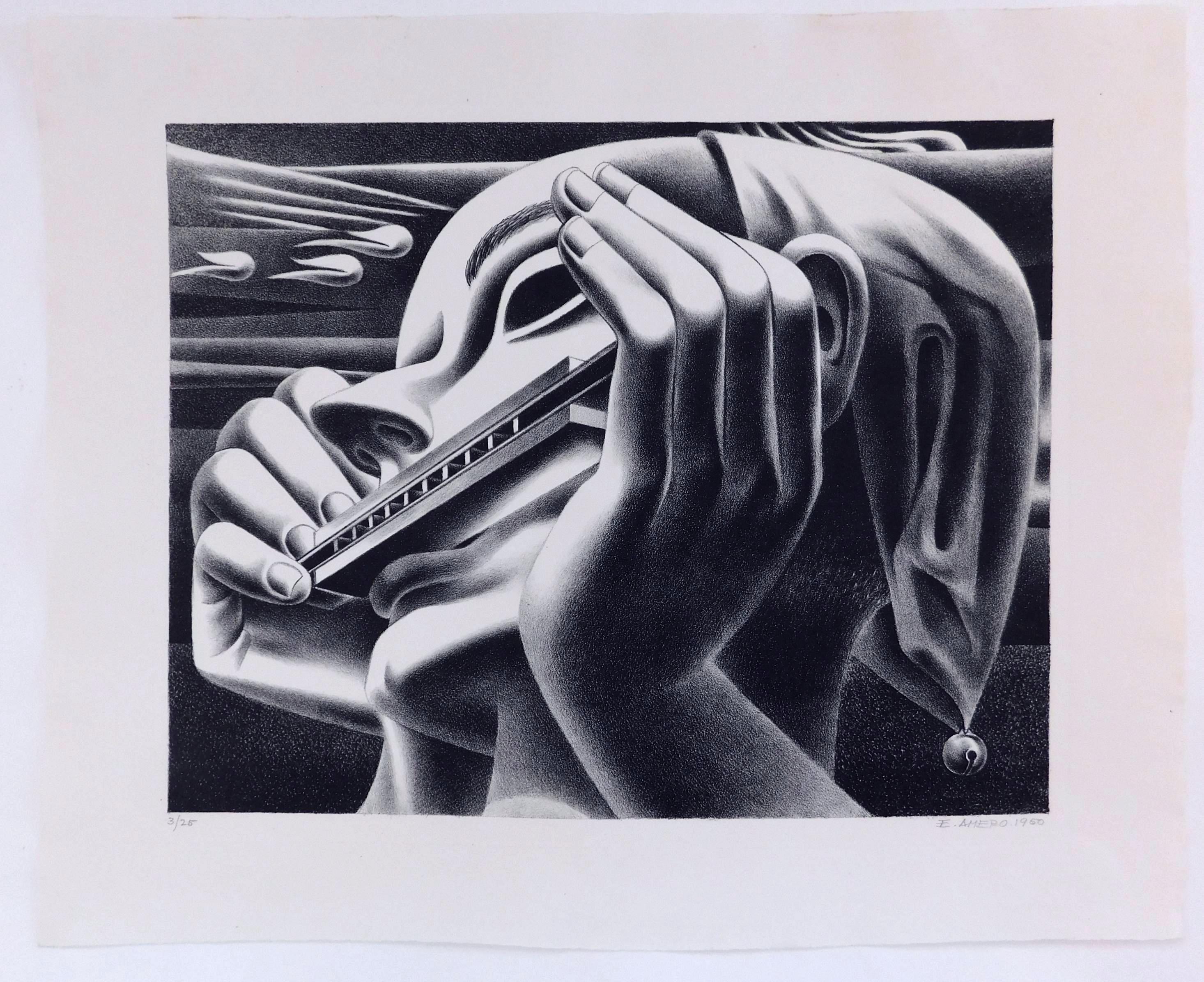 Original lithograph by Mexican artist Emilio Amero (1901 -1976) created 1950.
Titled: “Harmonica Blues.” Edition size is 3 of 25. Signed in pencil lower right. 
In excellent condition. Presents in a 4-ply museum mat. Image size: 9 5/8