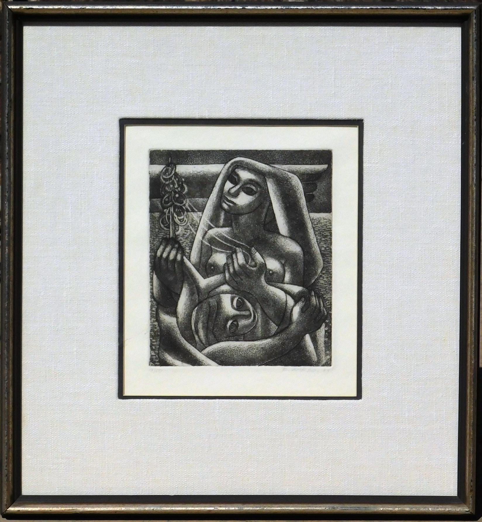 Original aquatint by Mexican artist Emilio Amero (1901-1976) created 1969.
Titled: “The Fetish.”  Edition size is 9 of 50.
Signed and dated in pencil lower right and numbered lower left.
In excellent condition, archivally matted and framed. 
Image