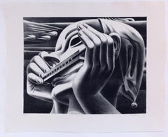 Emilio Amero Original Lithograph, 1950, Harmonica Blues