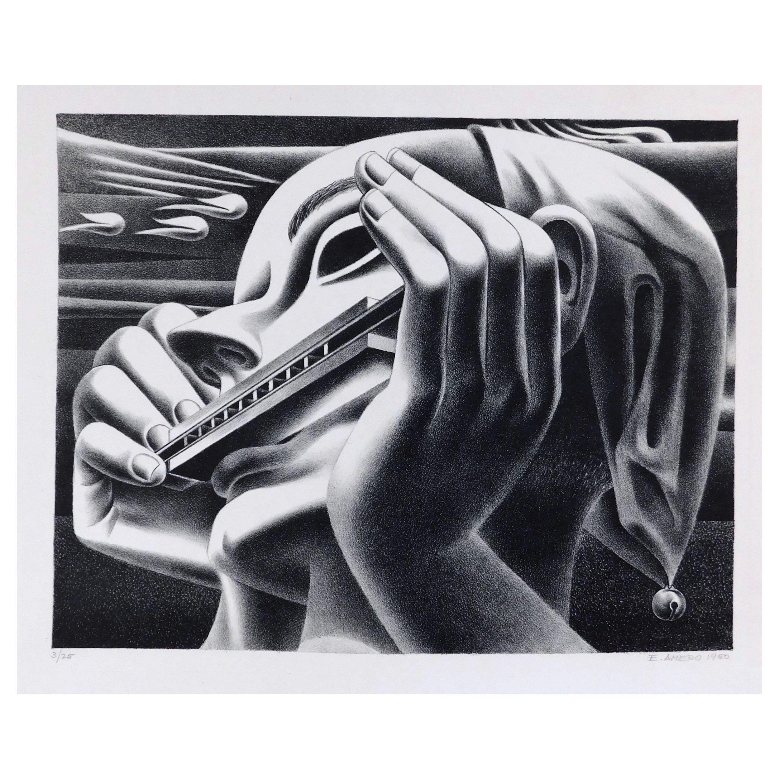 Litografia originale dell'artista messicano Emilio Amero (1901-1976) creata nel 1950.
Titolo: "Harmonica Blues". L'edizione è di 3 esemplari su 25. Firmato a matita in basso a destra. 
In ottime condizioni. Presenta un tappetino da museo a 4 strati.
