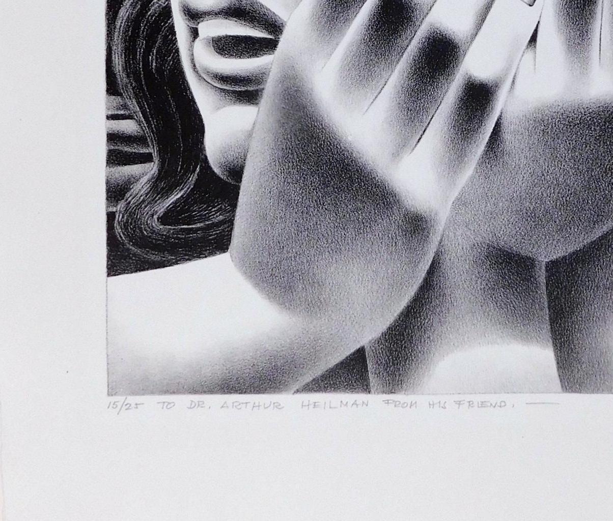 Original lithograph by Mexican artist Emilio Amero (1901-1976) created 1950.
Titled: “Mujer Escuchando La Concha (Woman with Shell). Edition size is 15 of 125. 
Signed in pencil lower left. In excellent condition. Image size: 12 1/4
