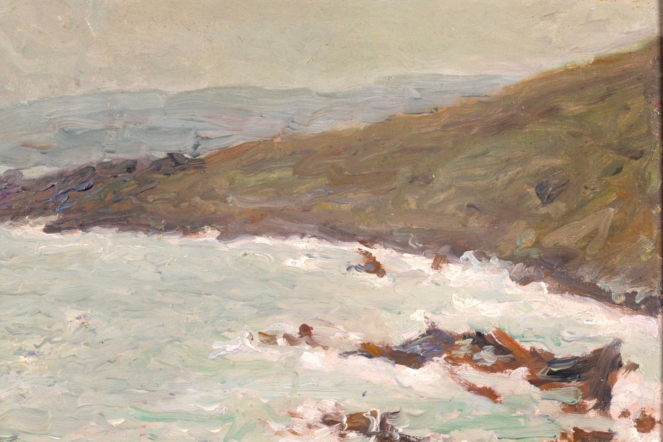 A beautiful oil on panel circa 1900 by French impressionist painter Emilio Boggio. The piece depicts a coastal scene. The blue-green water crashes against the rocks on a grey day.

Signature:
Signed lower left/titled verso

Dimensions:
Framed: