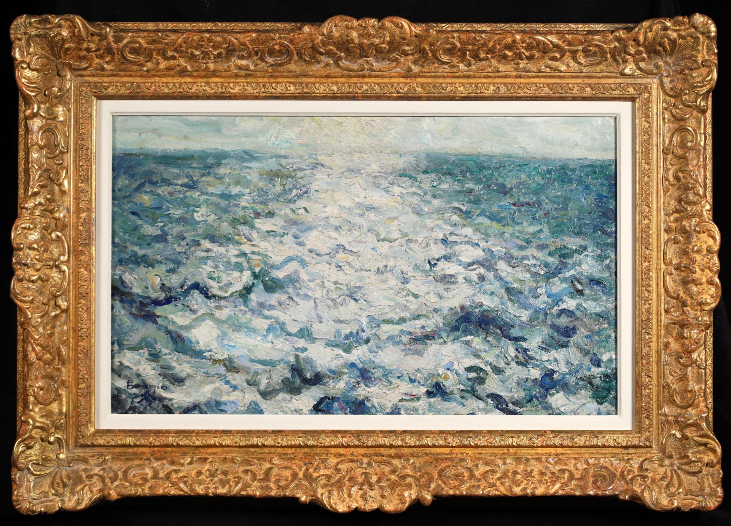 Signed and dated oil on canvas seascape by French impressionist painter Emilio Boggio. The piece in a view of the vast, open ocean - a rich blue sea with white ocean foam leading to the horizon. This work was likely one of the final canvases painted