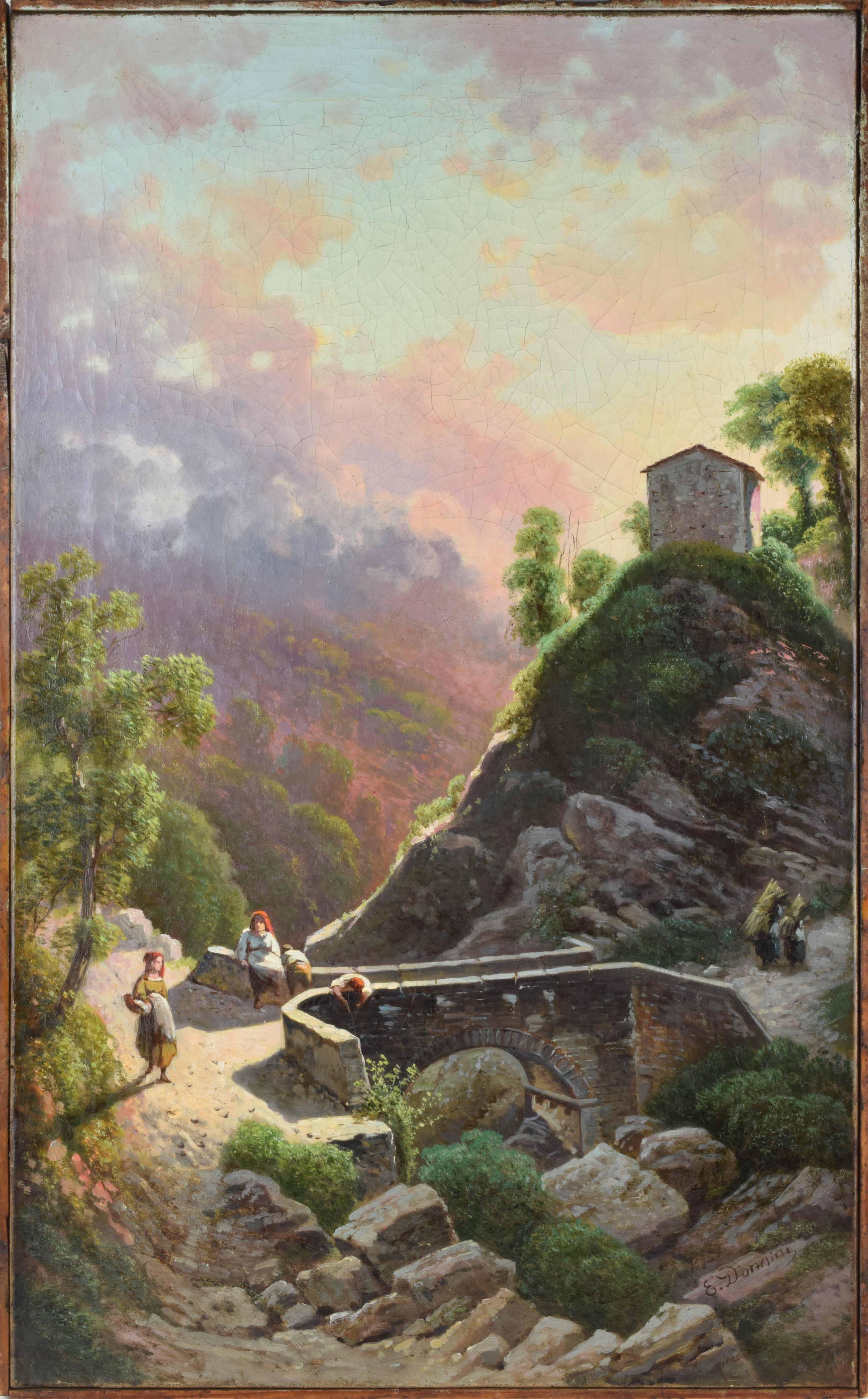 Tuscan landscape with bridge over a stream and peasant women
Signed 