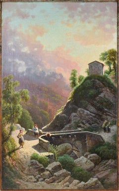 Paesaggio toscano di Emilio Donnini, olio su tela con cornice dorata