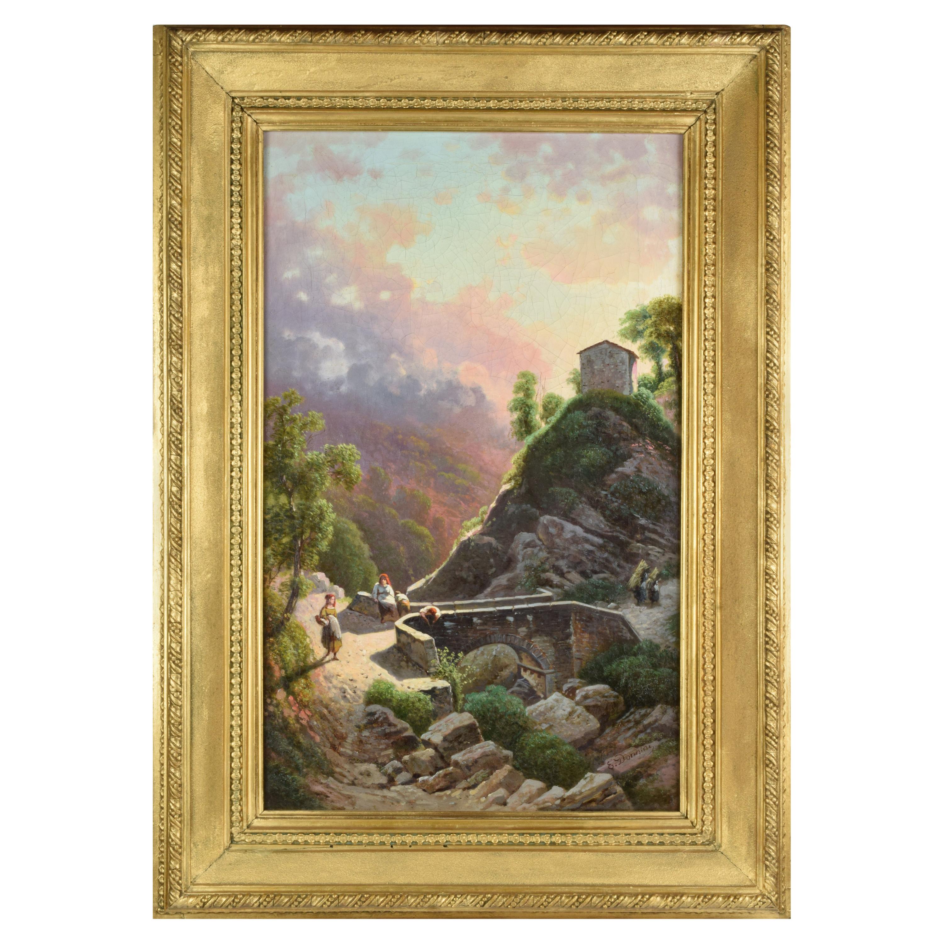 Emilio Donnini Paisaje toscano, Óleo sobre lienzo con marco dorado