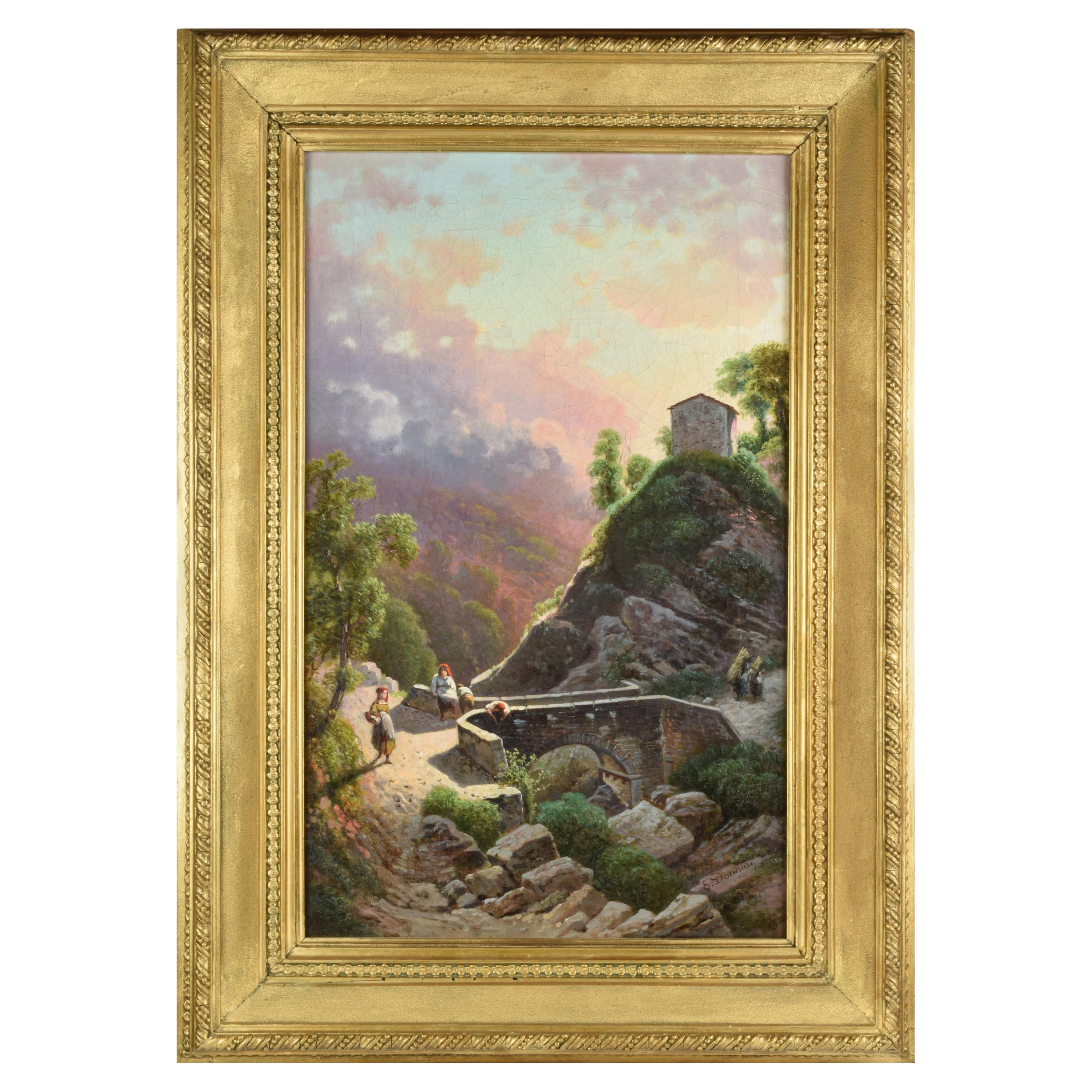 Emilio Donnini Tuscan Landscape, Oil on Canvas with Gilt Frame For Sale