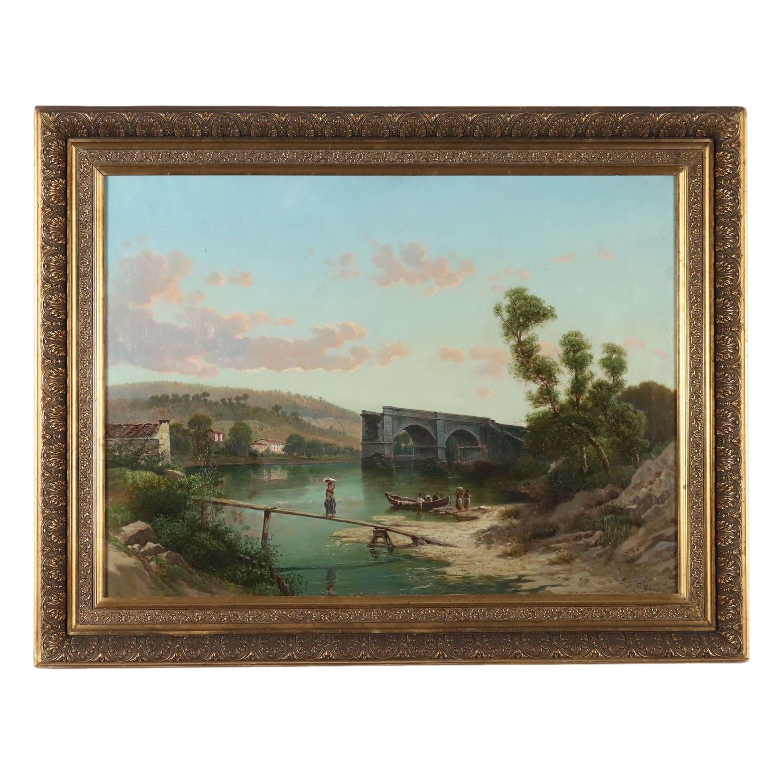 Landscape Painting di Emilio Donnini  - Paesaggio con Fiume e Figure XIX secolo