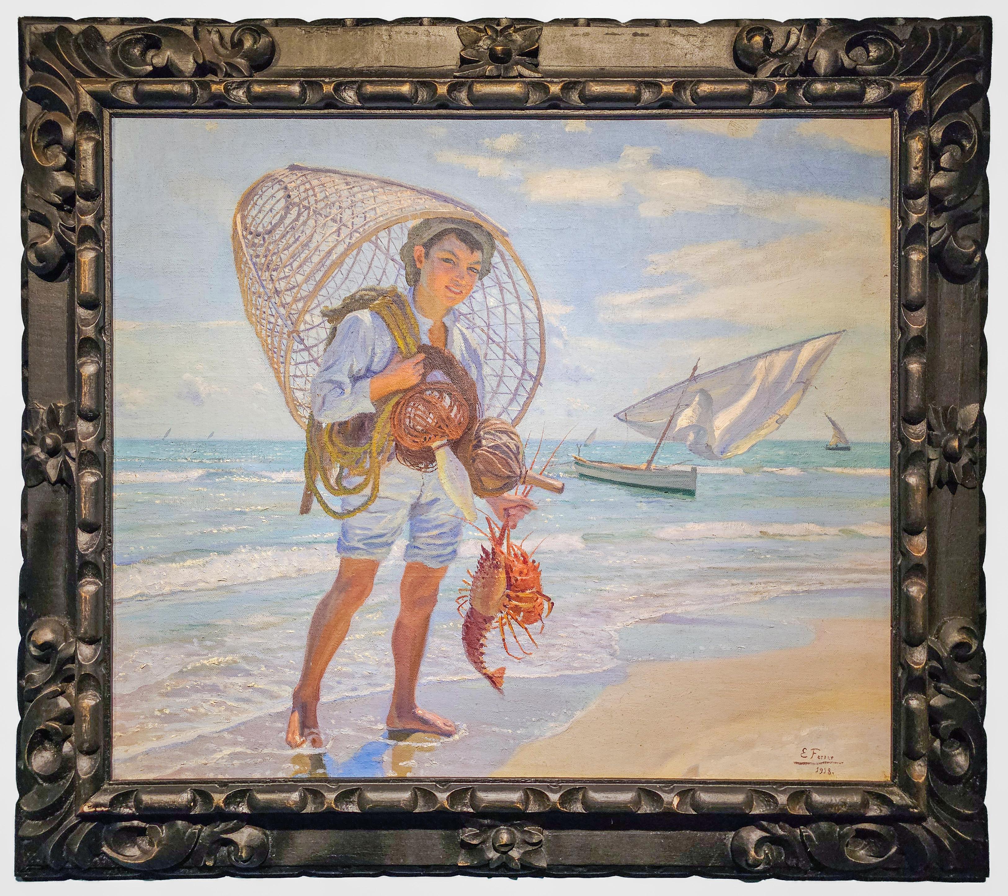 Emilio Ferrer Figurative Painting – Luministisches Gemälde eines Jungen beim Angeln am Valencianischen Strand