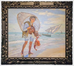 Luminist painting of a boy fishing on the Valencian beach