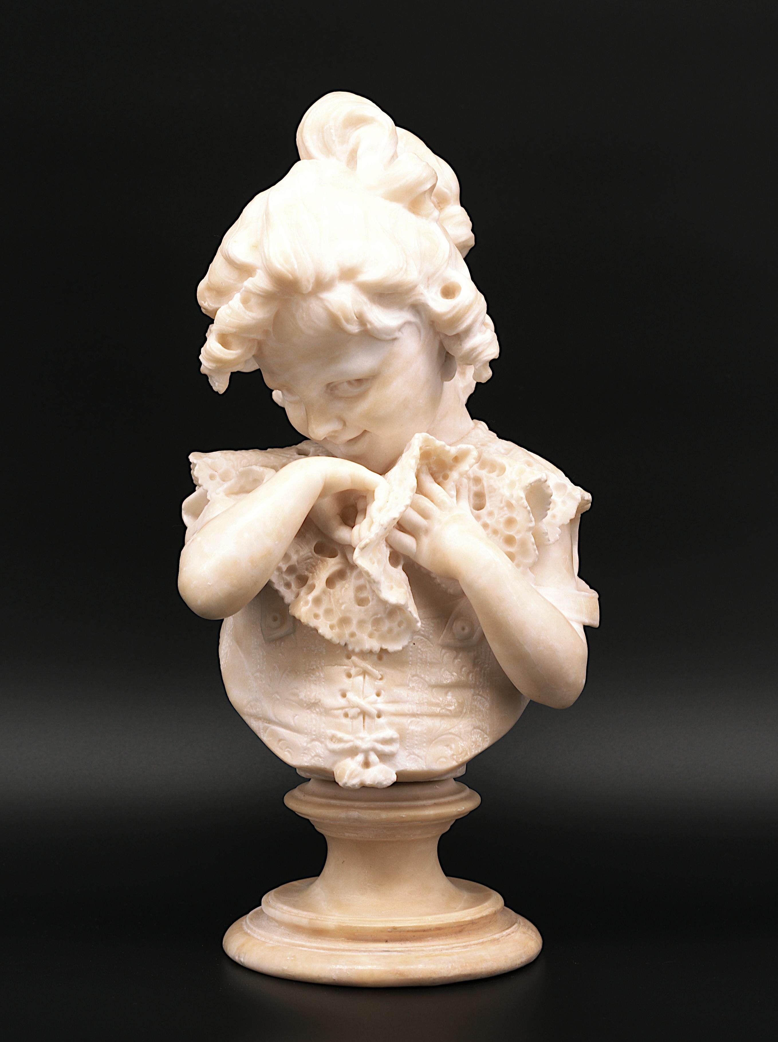 Little girl alabaster bust sculpture by Emilio FIASCHI (1858-1941), France, 1890s. Direct carving. The details of the small corset and the lace collar are very finely done. The remarkable work of an outstanding sculptor. Height : 14.5