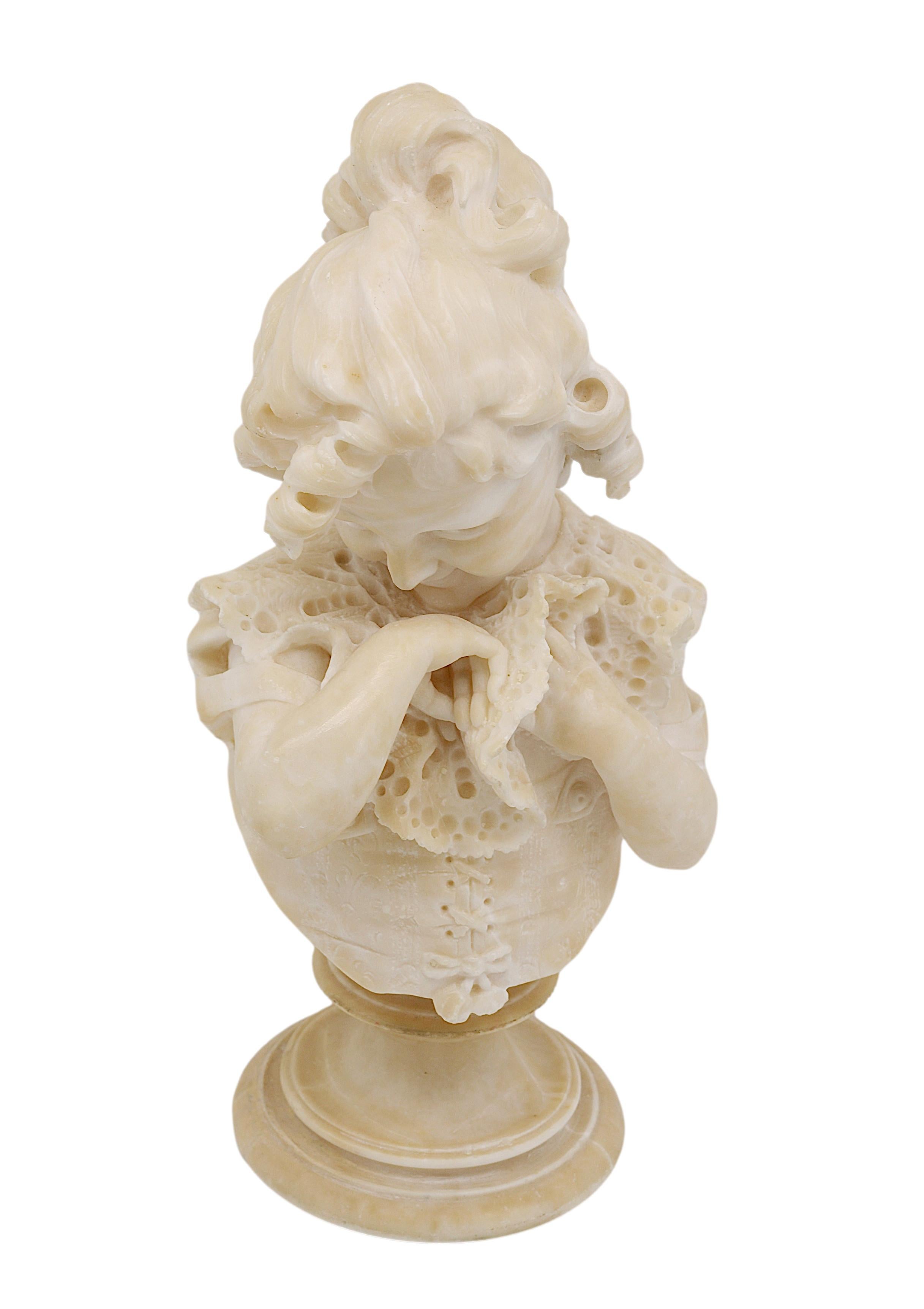 French Emilio FIASCHI Little Girl Alabaster Bust Sculpture, 1890s For Sale