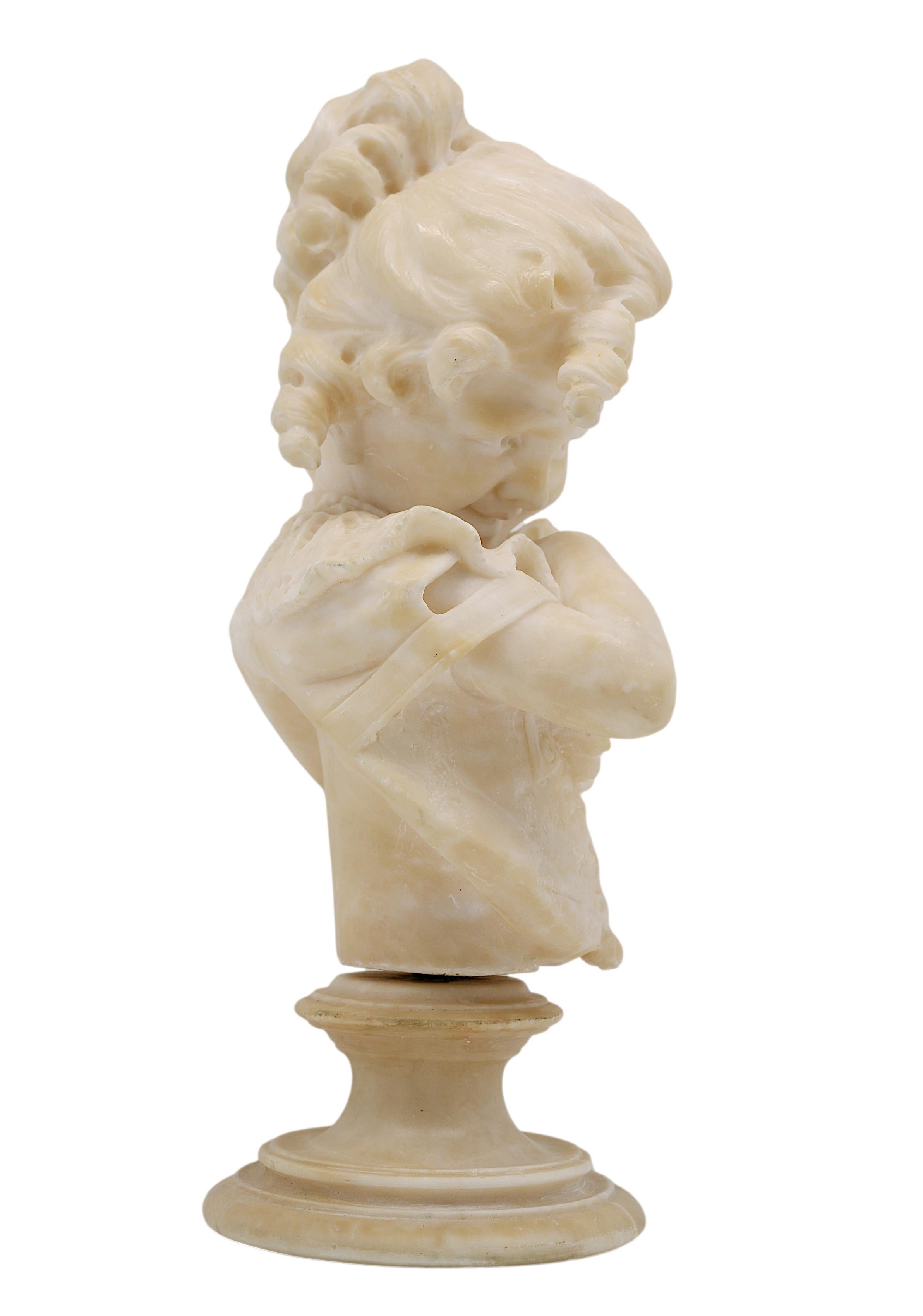 Emilio FIASCHI Little Girl Alabaster Bust Sculpture, 1890s In Good Condition For Sale In Saint-Amans-des-Cots, FR