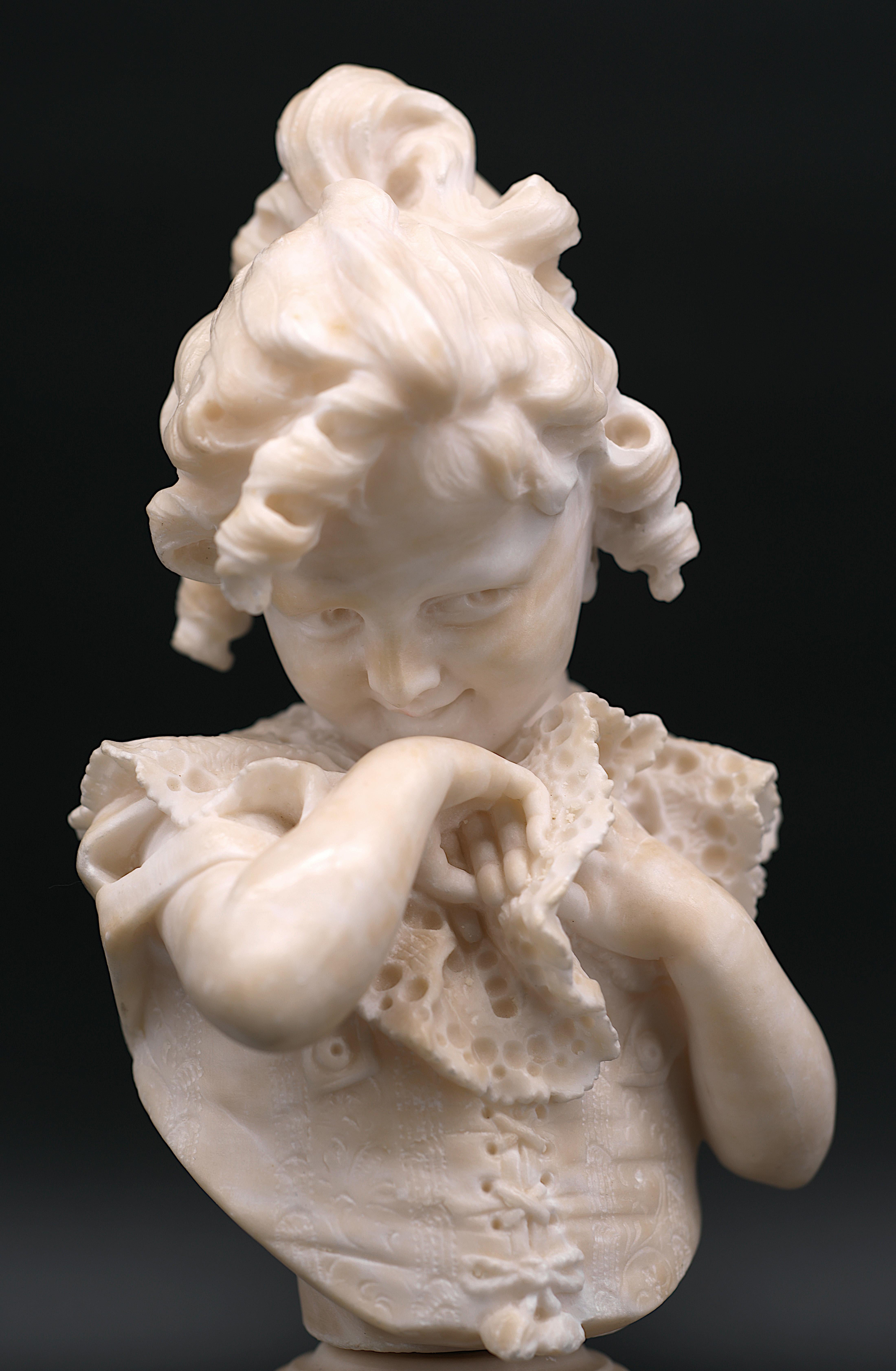 Late 19th Century Emilio FIASCHI Little Girl Alabaster Bust Sculpture, 1890s For Sale