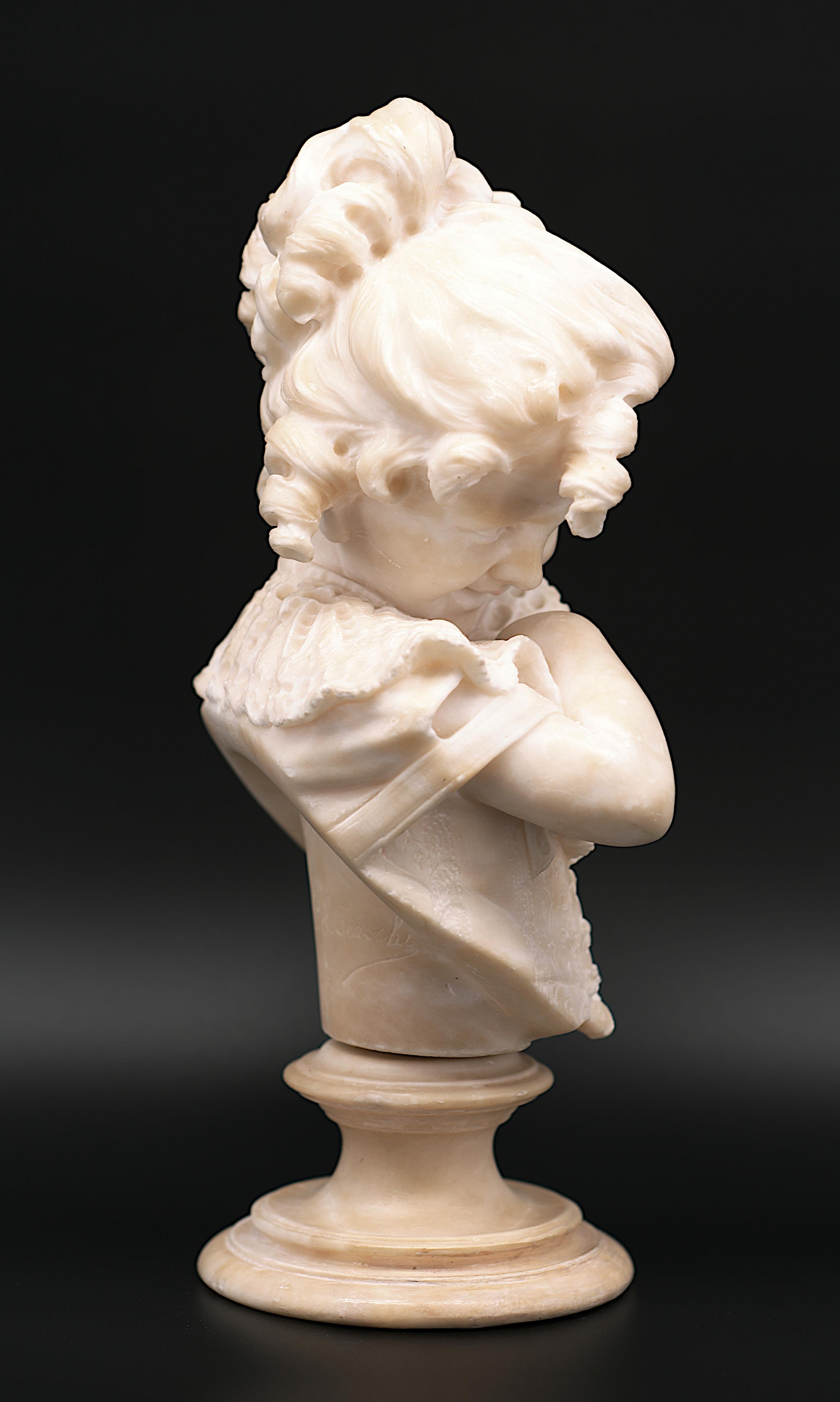 Late 19th Century Emilio FIASCHI Little Girl Alabaster Bust Sculpture, 1890s For Sale