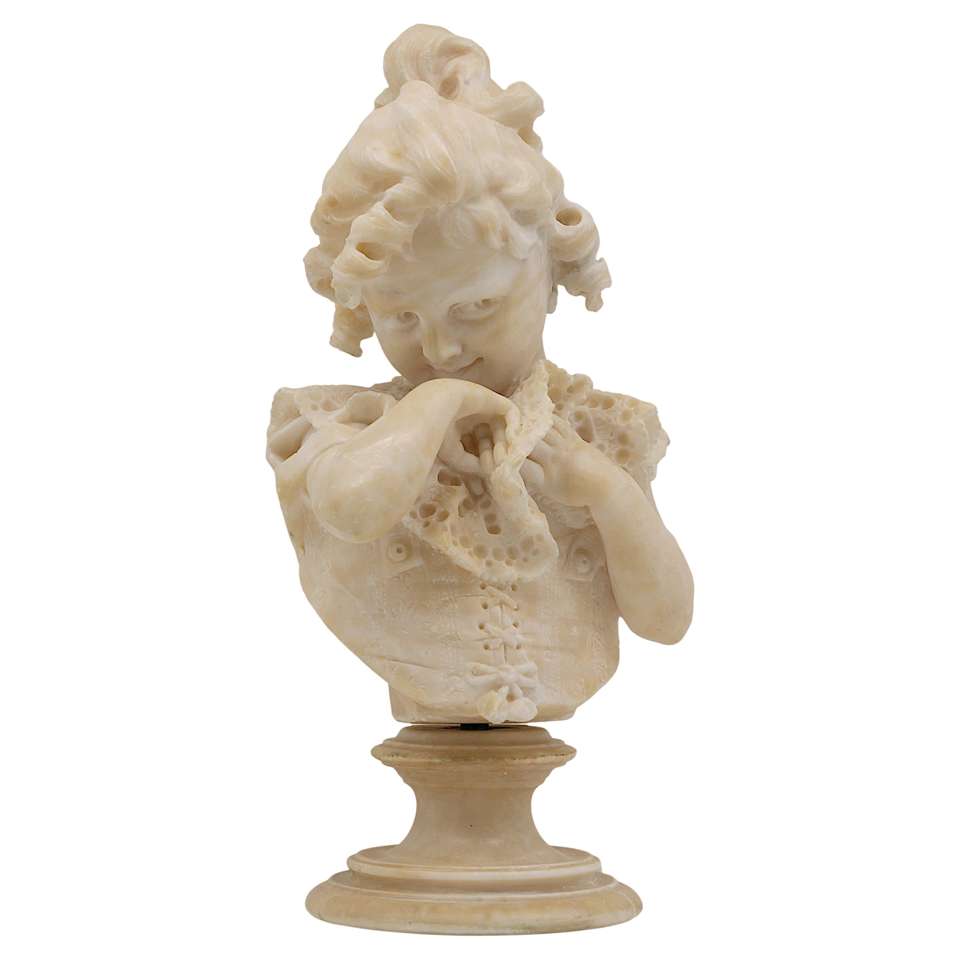 Emilio FIASCHI Little Girl Alabaster Bust Sculpture, 1890s For Sale