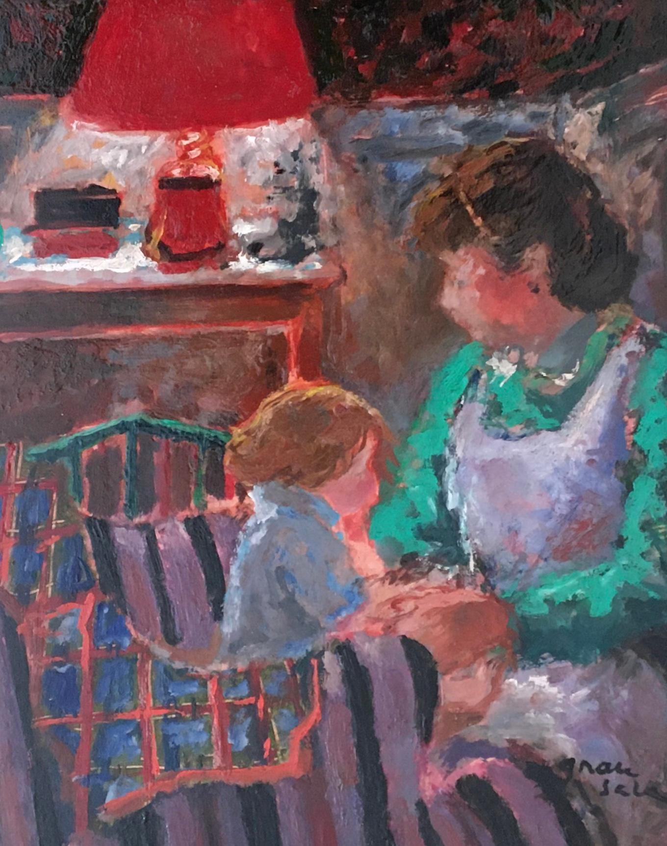 Emilio Grau-Sala Interior Painting - Interior scene with mother and child