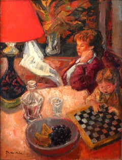 "Dama" Interno di madre e figlio, Olio su tela del XX secolo di E. Grau Sala