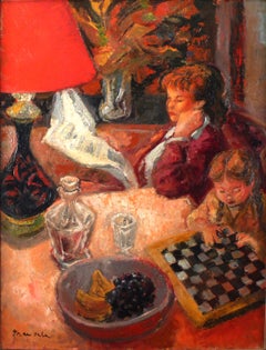 Vintage "Checkers" Mother and Child Interior, 20th Century Oil on Canvas by E. Grau Sala