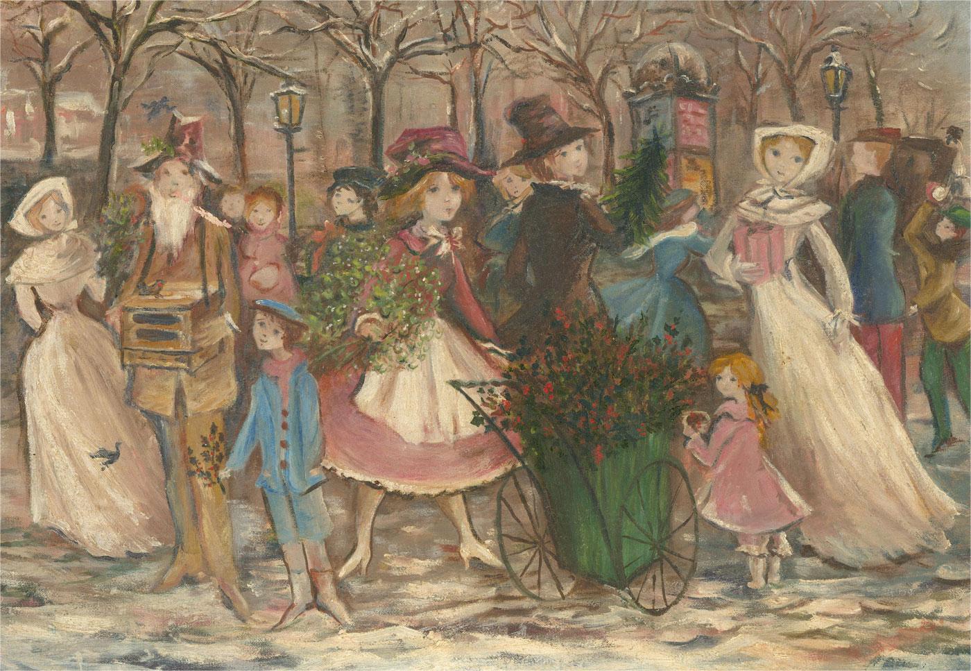 A charming Christmas scene depicting a crowd at a market. Figures carry mistletoe and holly branches for wreaths while others clutch their Christmas shopping tightly as they make their way down the snow covered street. Inspiration from Emilio Grau