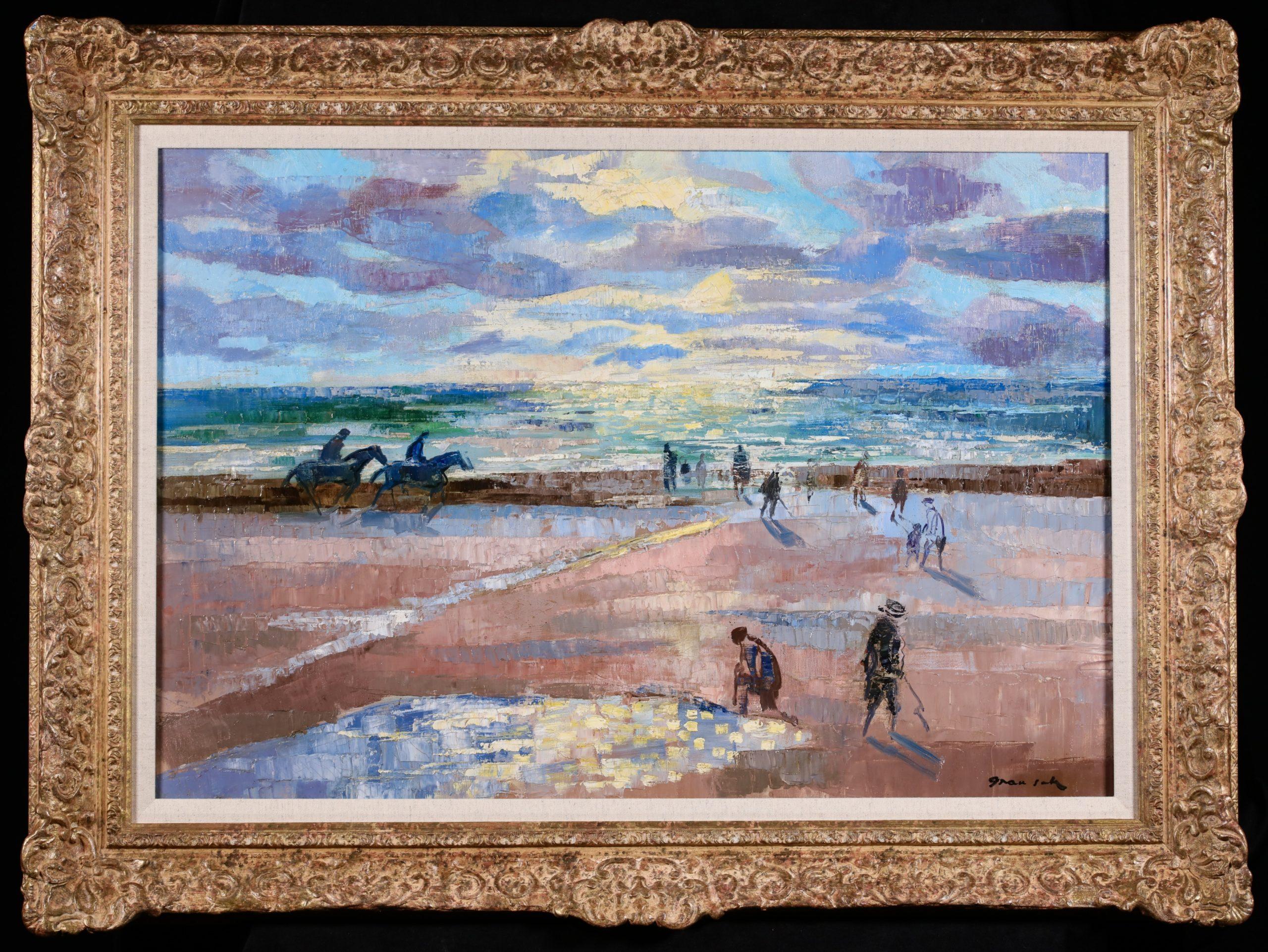 Óleo sobre lienzo firmado por el pintor postimpresionista español Emilio Grau Sala. La obra representa a unos playeros de Deauville (Francia) tomando los últimos rayos de sol mientras éste desaparece más allá del horizonte. La luz amarillo pálido se