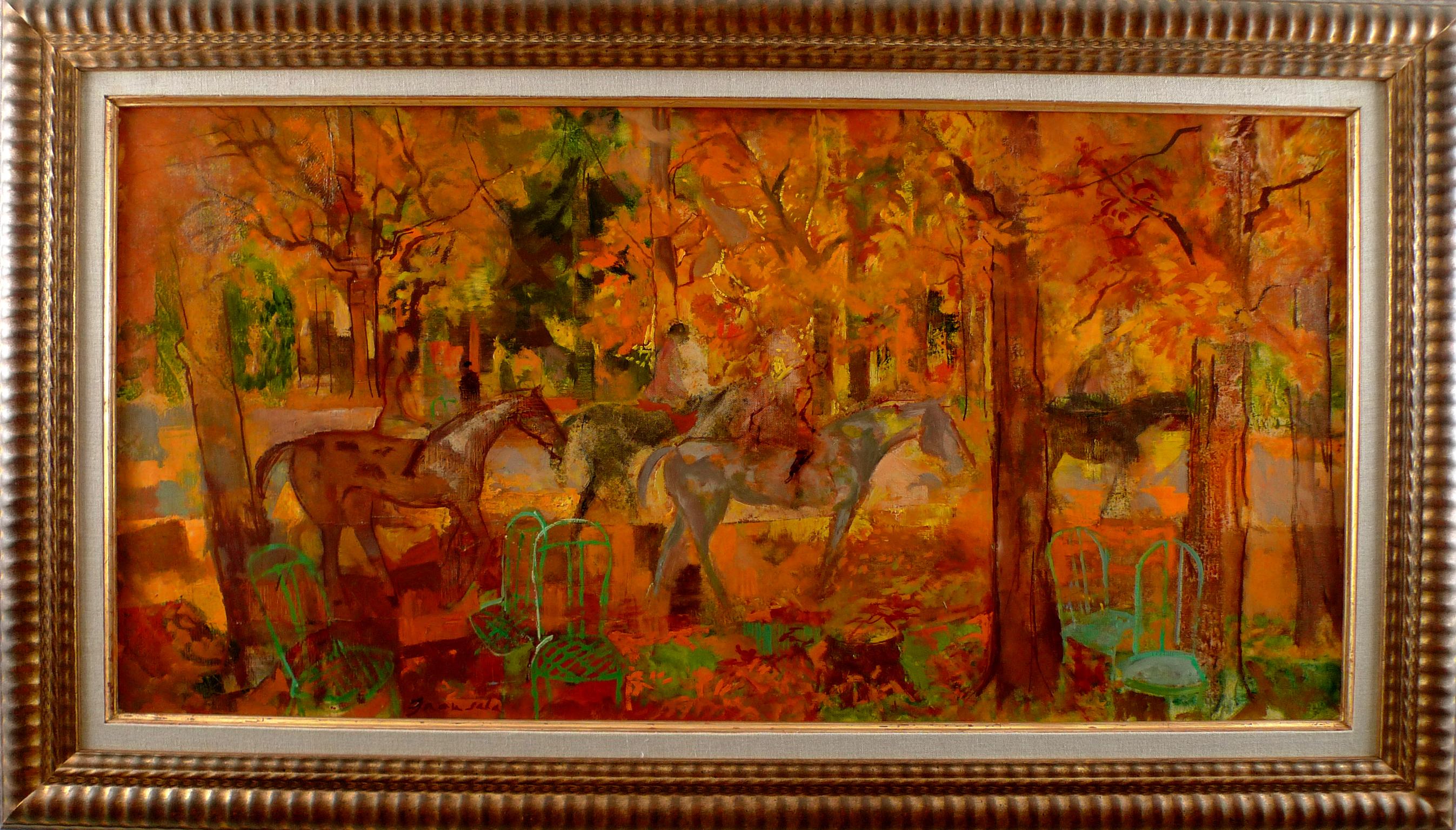 "Horse Riding in Autumn", 20th Century Oil on Canvas by Emilio Grau Sala