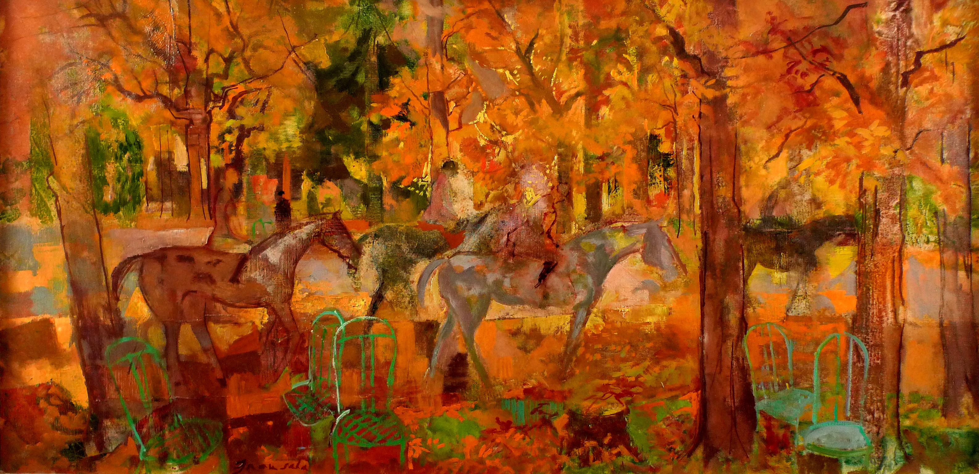 „Horse beim Herbst reitet“, Ölgemälde auf Leinwand von Emilio Grau Sala, 20. Jahrhundert im Angebot 1