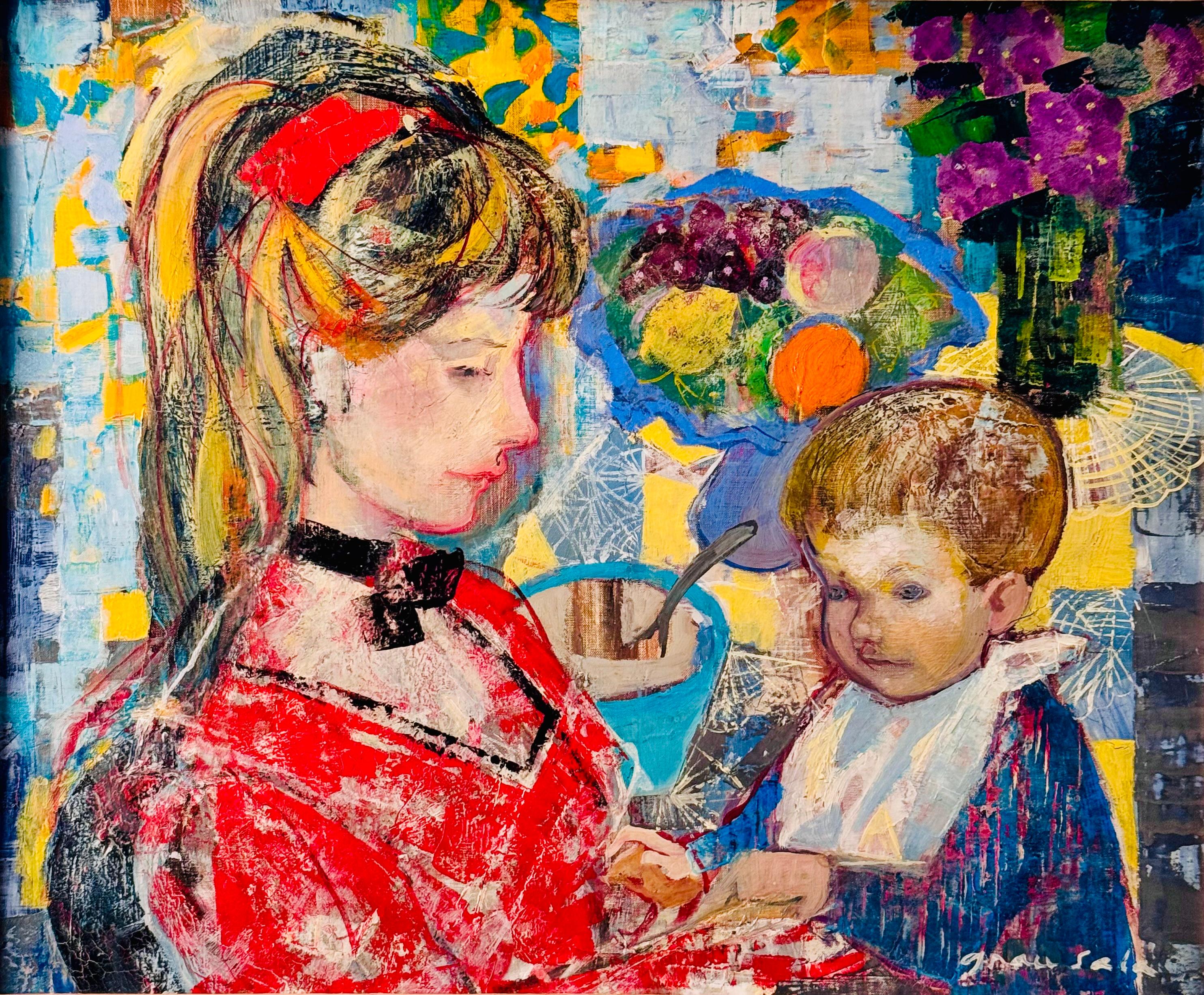 Interieur mit Mutter und Kind – Painting von Emilio Grau Sala