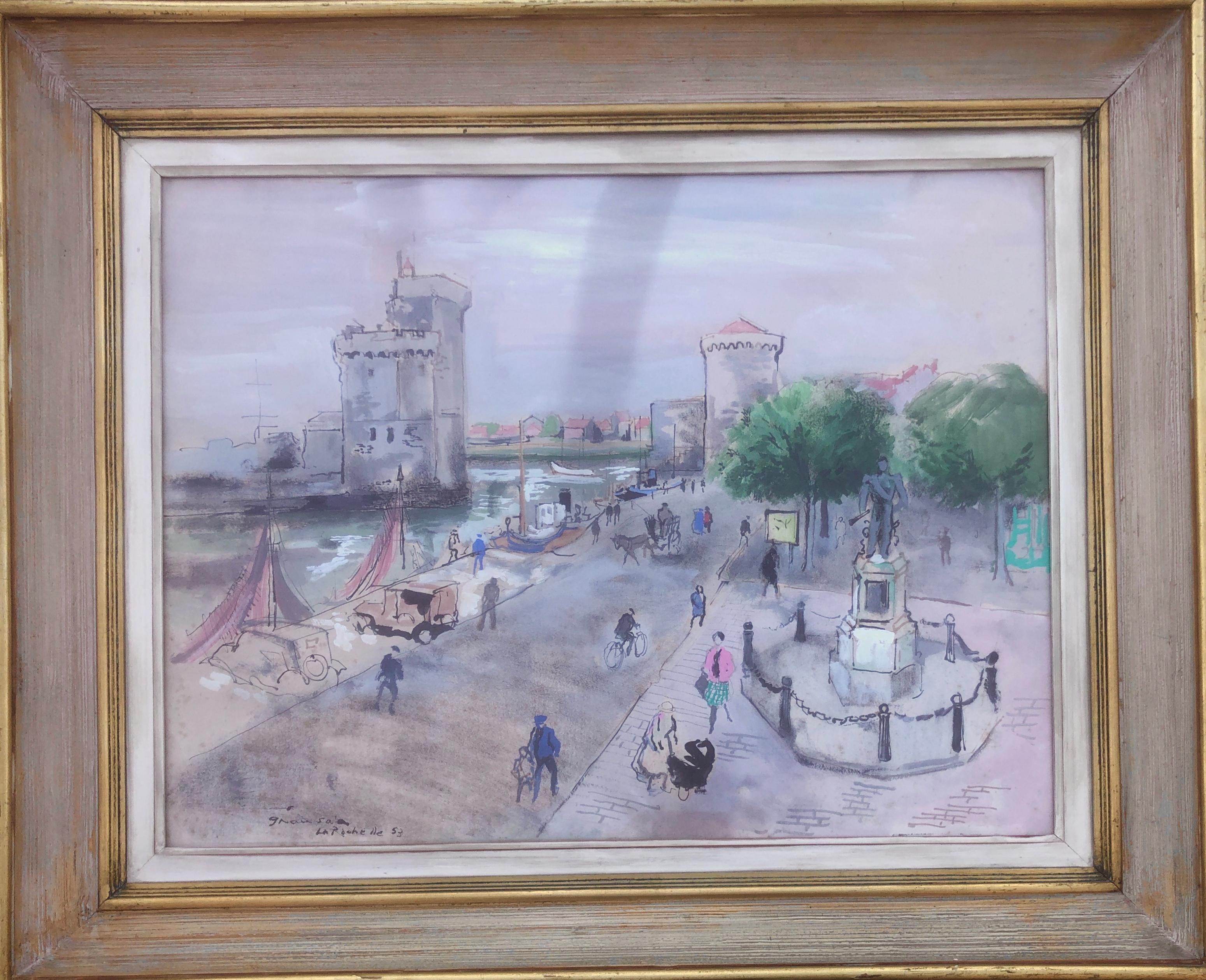 La Rochelle France mixed media painting urbanscape - Painting by Emilio Grau Sala