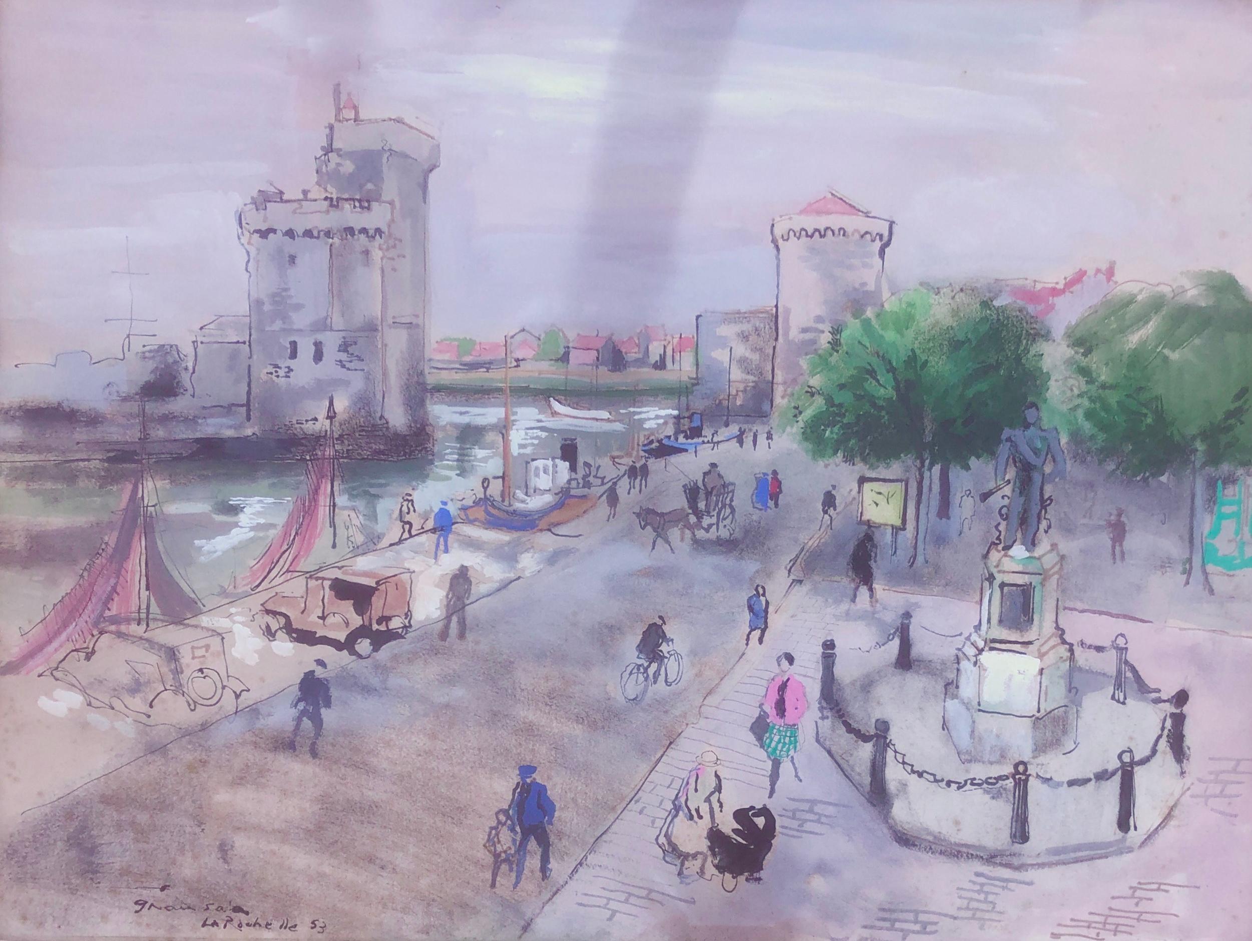 Emilio Grau Sala Figurative Painting - La Rochelle France mixed media painting urbanscape