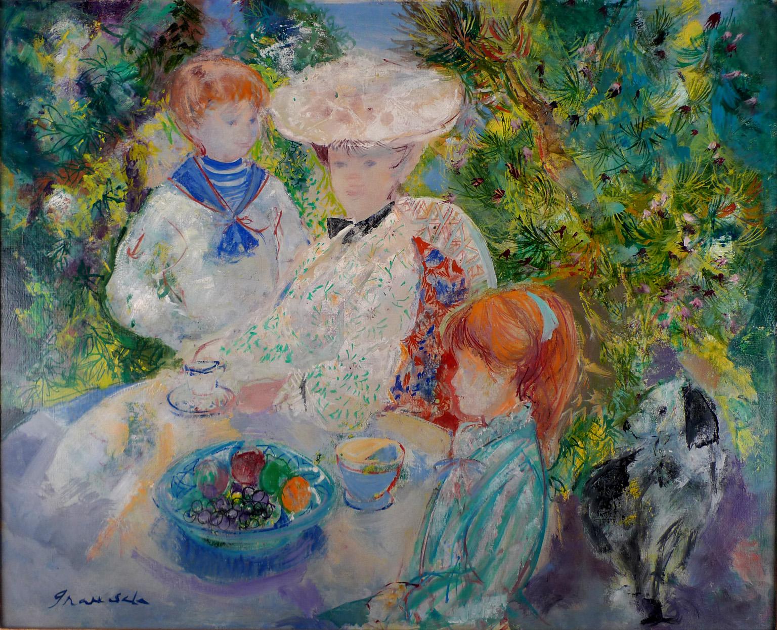 "Le petit déjeuner dans le jardin", 20th Century oil on canvas by E. Grau Sala