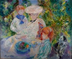 Retro "Le petit déjeuner dans le jardin", 20th Century oil on canvas by E. Grau Sala