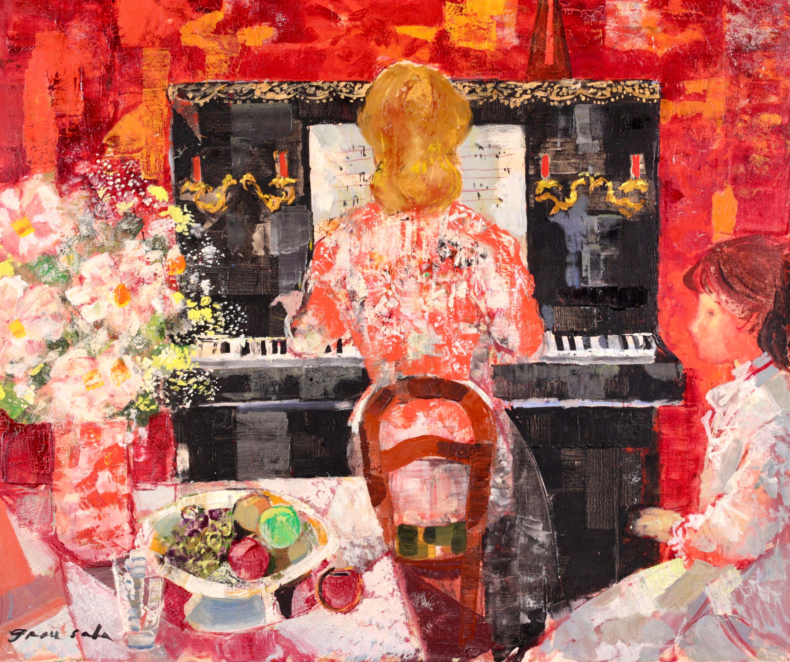 Huile sur toile signée et titrée représentant un personnage dans un intérieur vers 1950 par l'artiste post impressionniste espagnol Emilio Grau Sala. L'œuvre représente une dame aux cheveux roux, vêtue d'une robe rouge, assise à un piano. Une jeune