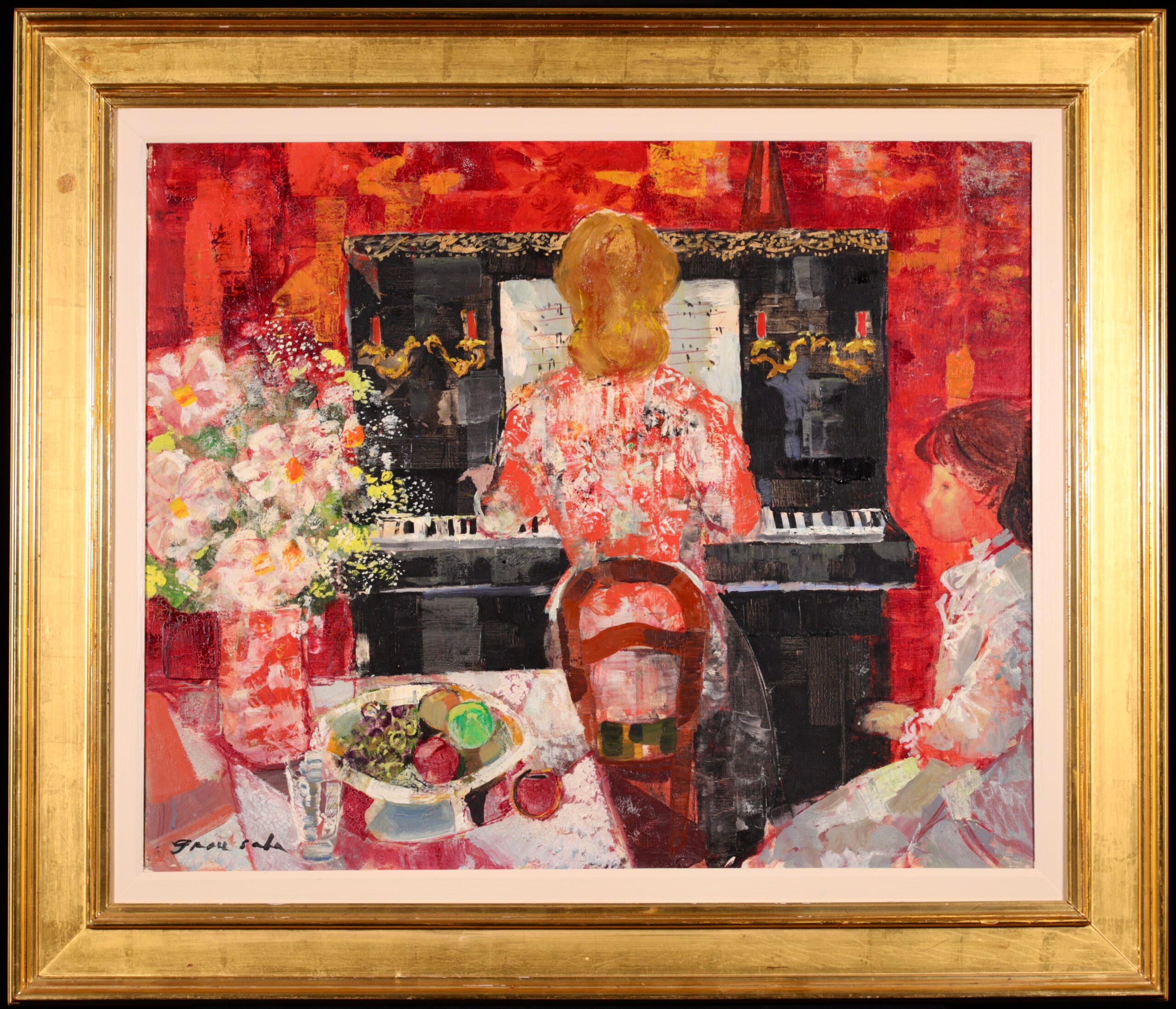 Signiert und betitelt Öl auf Leinwand Figur im Interieur um 1950 von spanischen Post-Impressionisten Emilio Grau Sala. Das Werk zeigt eine rothaarige Dame in einem roten Kleid, die an einem Klavier sitzt. Ein junges Mädchen sitzt neben dem Klavier.