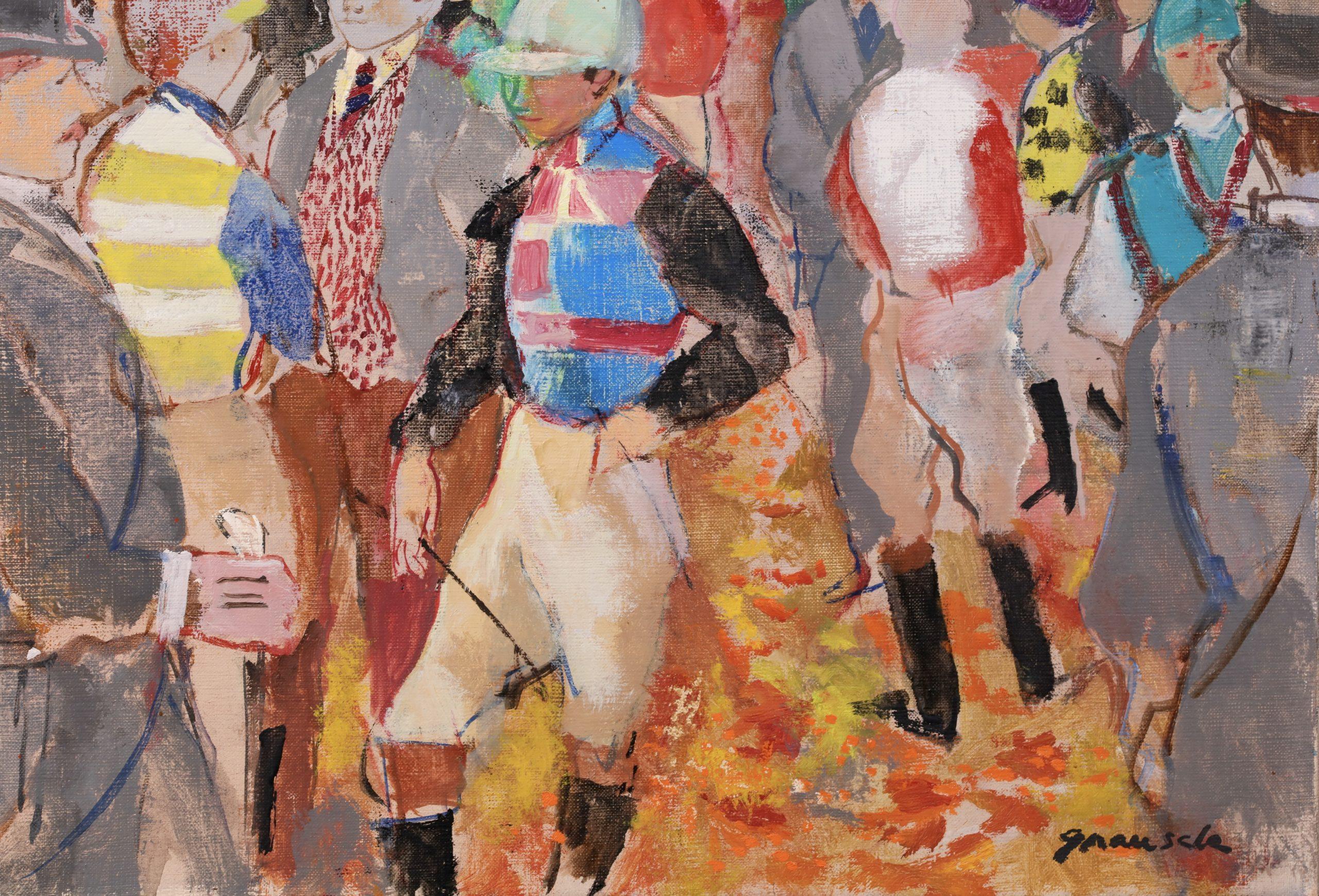 Les Jockey & La Propietaire - Óleo figurativo postimpresionista de E Grau Sala - Painting Posimpresionista de Emilio Grau Sala
