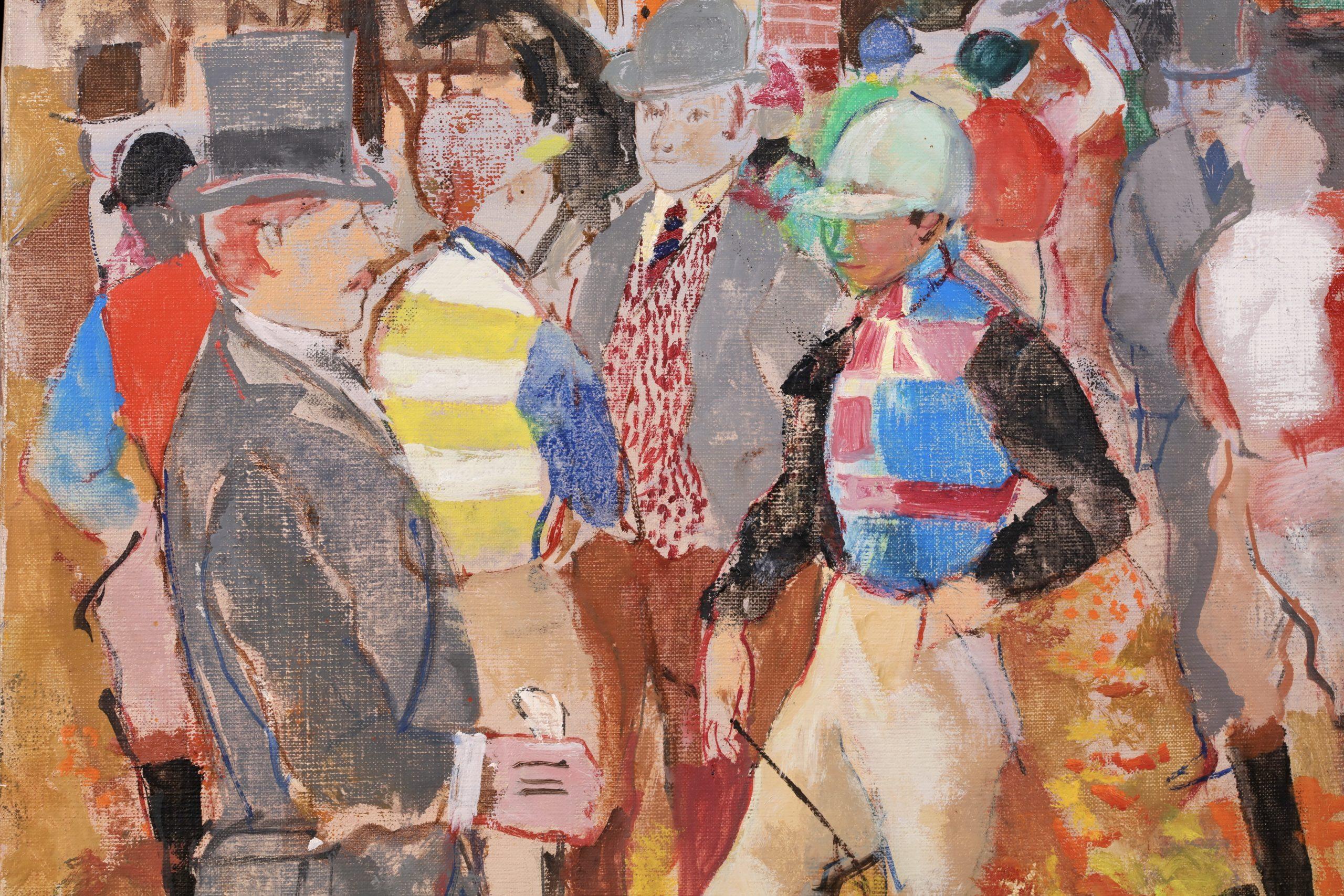 Firmado, titulado y fechado Figuras en paisaje óleo sobre lienzo del pintor postimpresionista español Emilio Grau Sala. La obra representa a un gran grupo de jinetes y propietarios de caballos hablando en un patio de cuadras el día de la