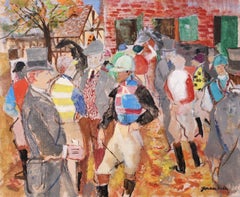 Les Jockey & La Propietaire - Óleo figurativo postimpresionista de E Grau Sala