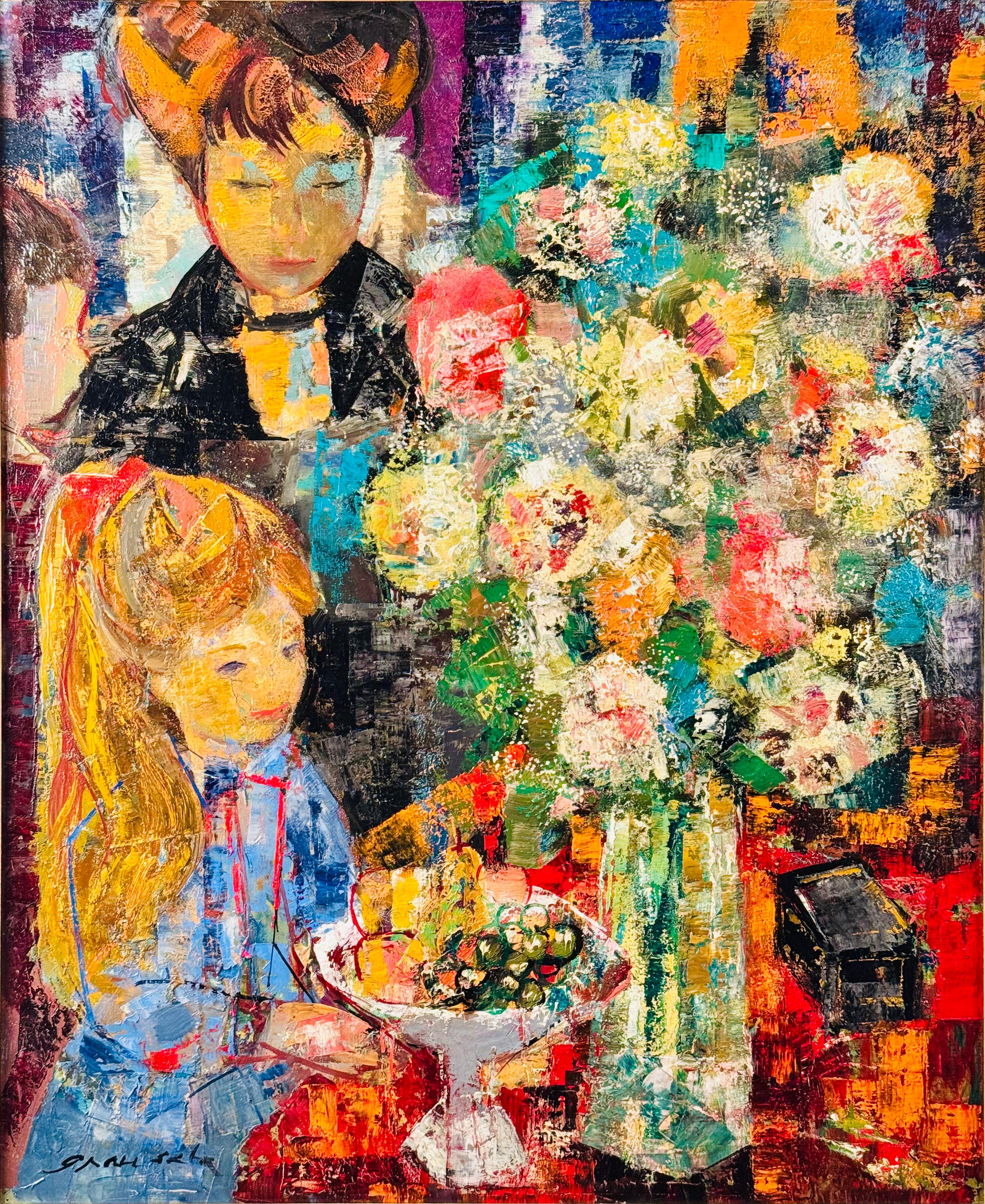 Mère et fillette au bouquet de fleurs - Painting di Emilio Grau Sala