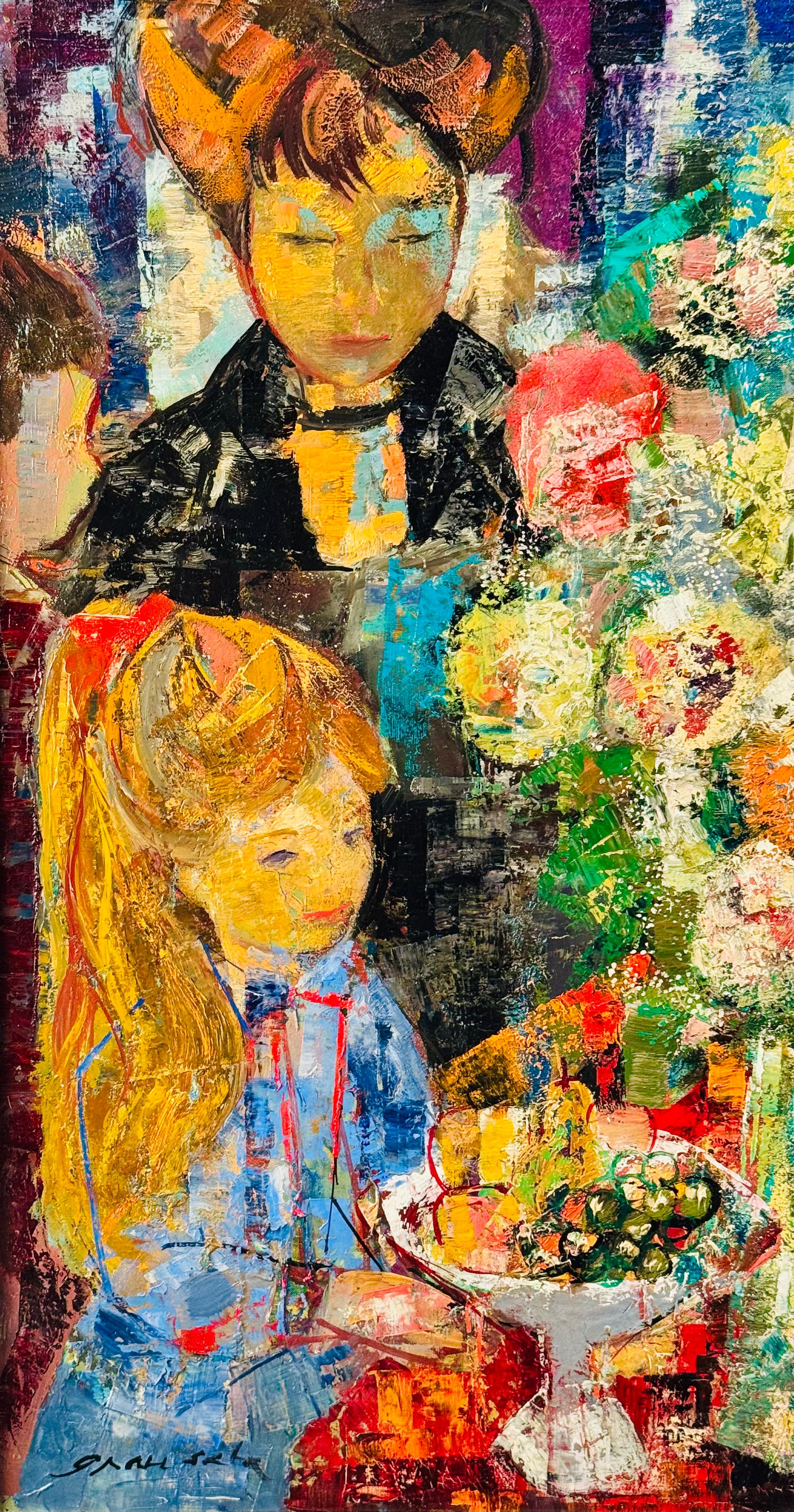 Mère et fillette au bouquet de fleurs - Painting Postimpressionismo di Emilio Grau Sala