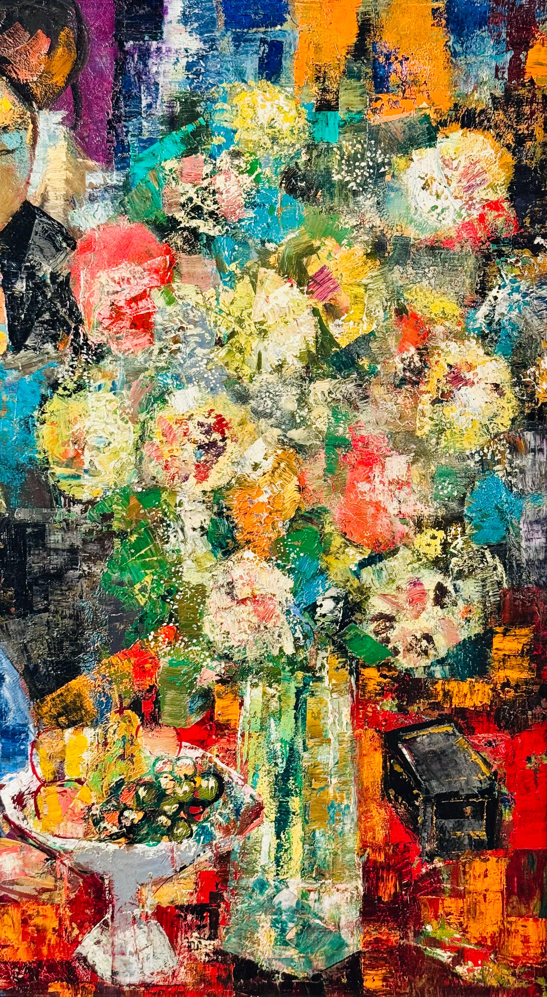 Mère et fillette au bouquet de fleurs - Interior Painting Marrone di Emilio Grau Sala
