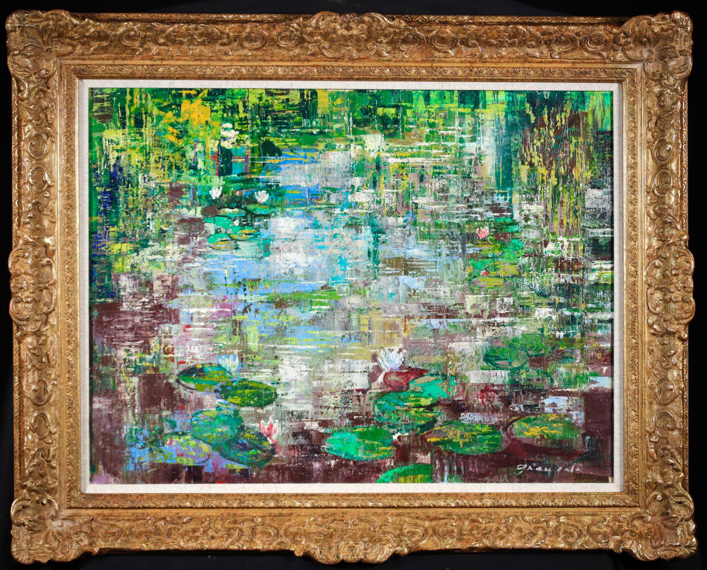 Signed and dated oil on canvas landscape by post impressionist Emilio Grau Sala. The work depicts waterlilies on a pond. The bright blue of the sky is reflecting in the water.

Signature:
Signed lower right and further signed & dated 1963