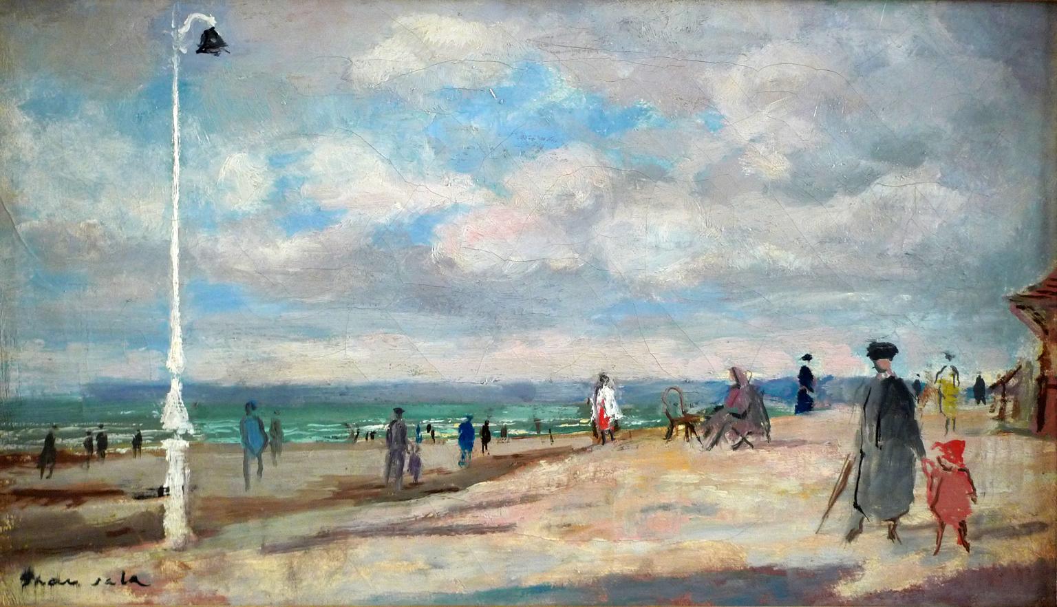 "Plage de Trouville" Sept. 1953, huile sur toile du XXe siècle par Emilio Grau Sala