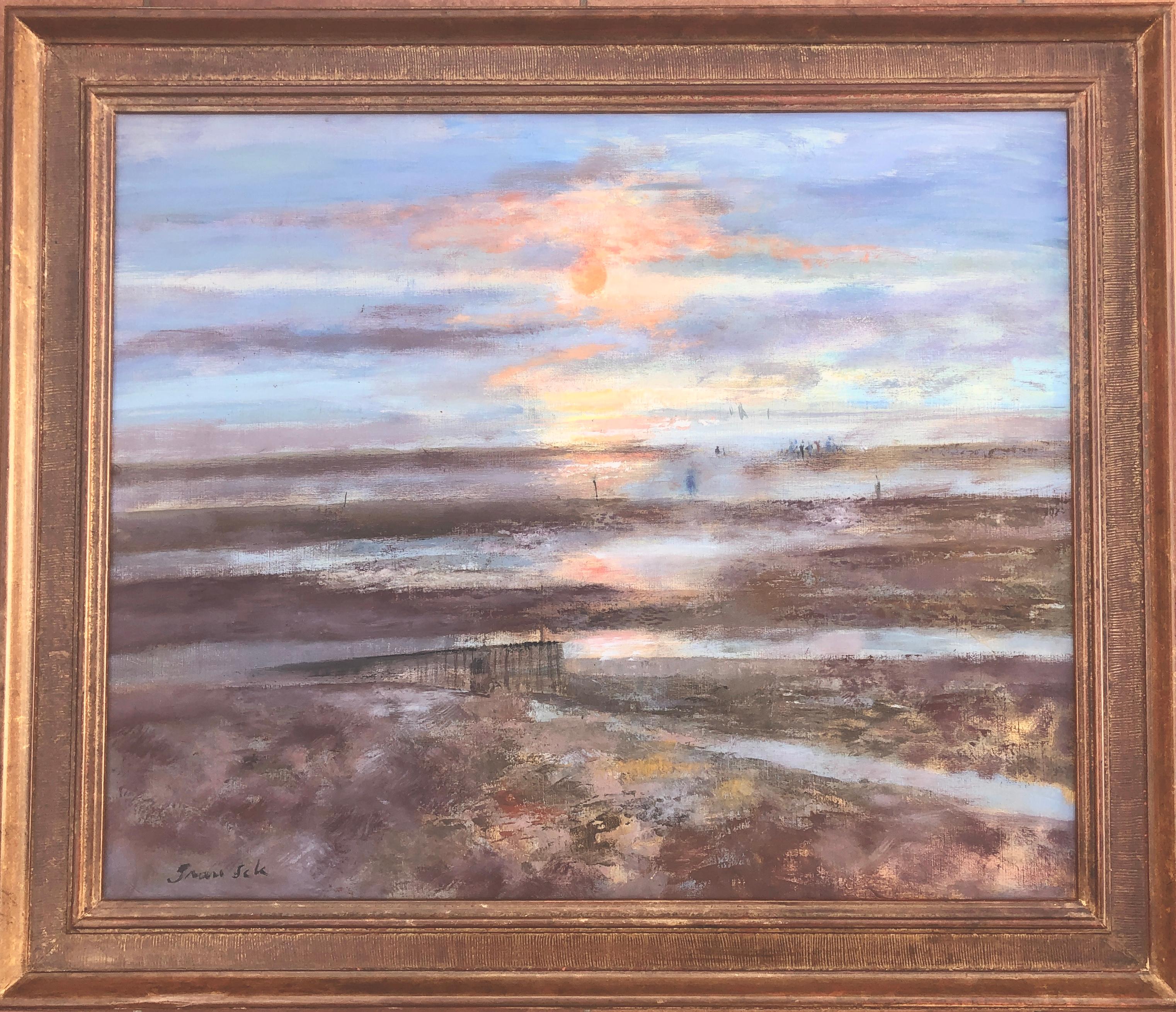 Sunset in Deauville France oil on canvas painting seascape - Painting by Emilio Grau Sala