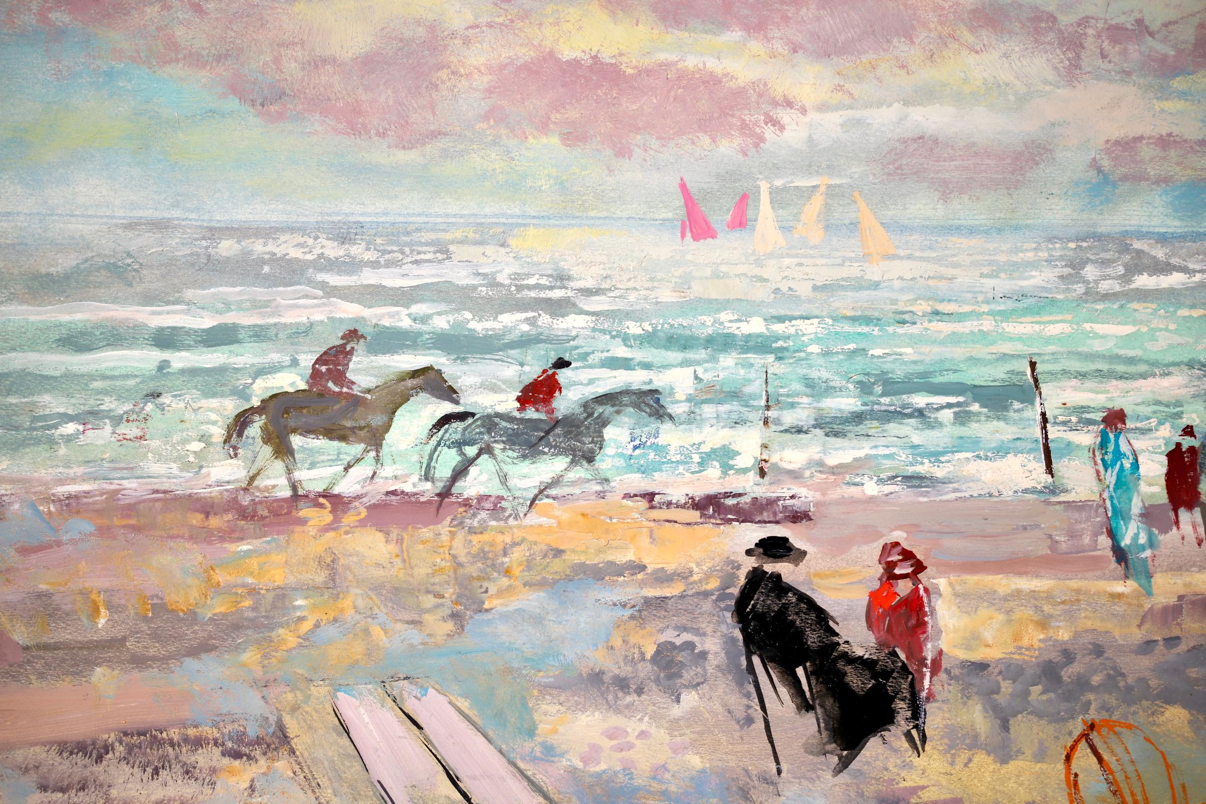 A wonderful oil on board circa 1950 by Spanish post impressionist Emilio Grau Sala depicting people enjoying a day at the beach in Trouville with horses galloping across the sand and yachts out at sea in the distance. The piece is painted in